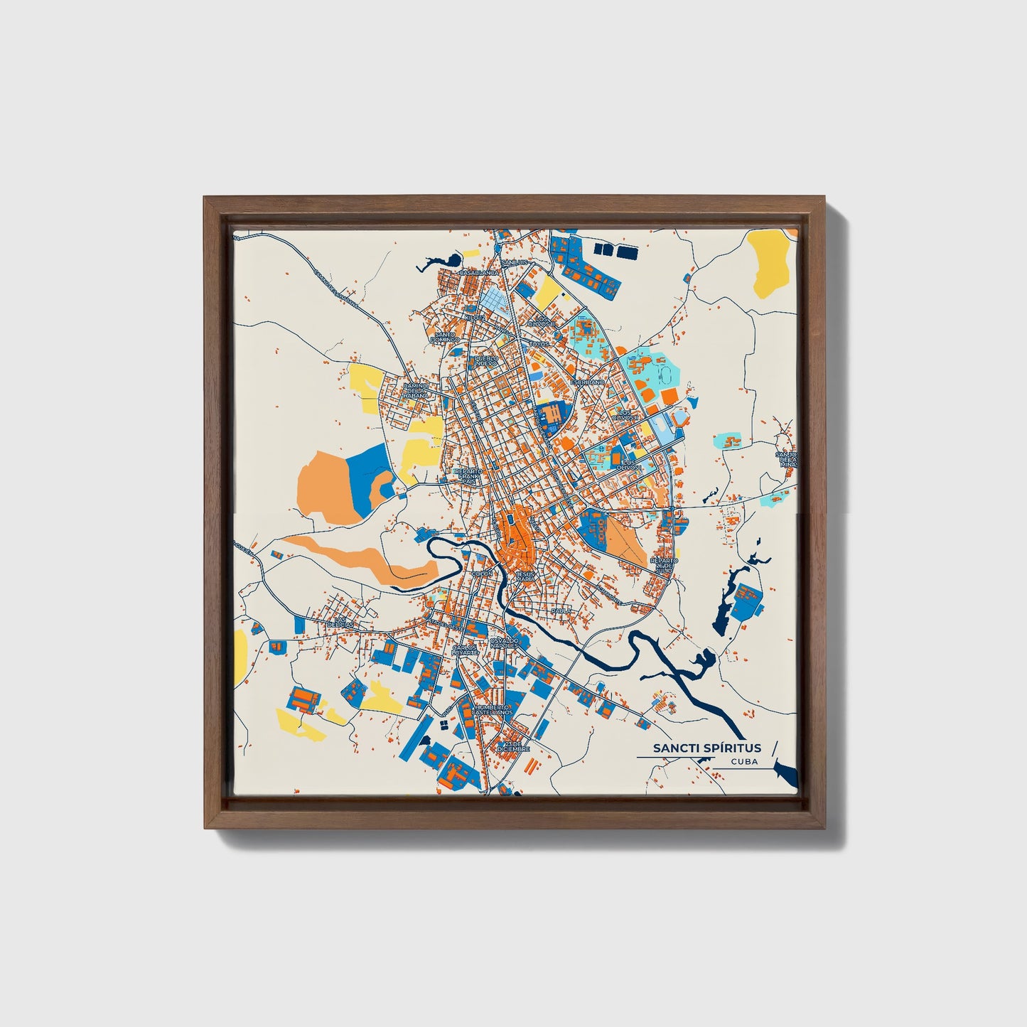 Sancti Spíritus Cuba Colorful City Map Canvas Print • Dark Wooden Framed