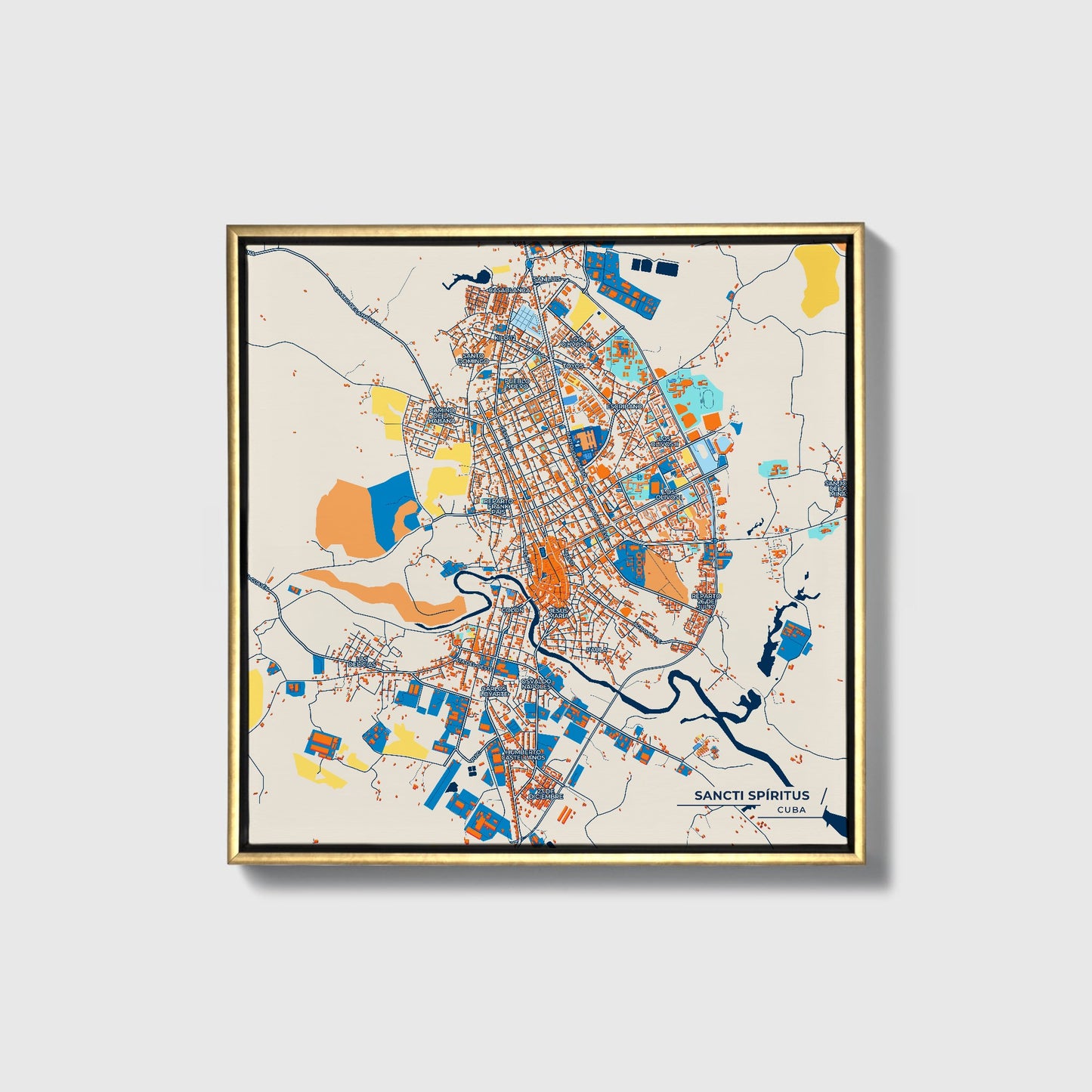 Sancti Spíritus Cuba Colorful City Map Canvas Print • Gold Framed