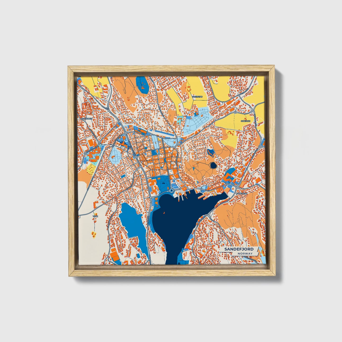 Sandefjord Norway Colorful City Map Canvas Print • Natural Wooden Framed