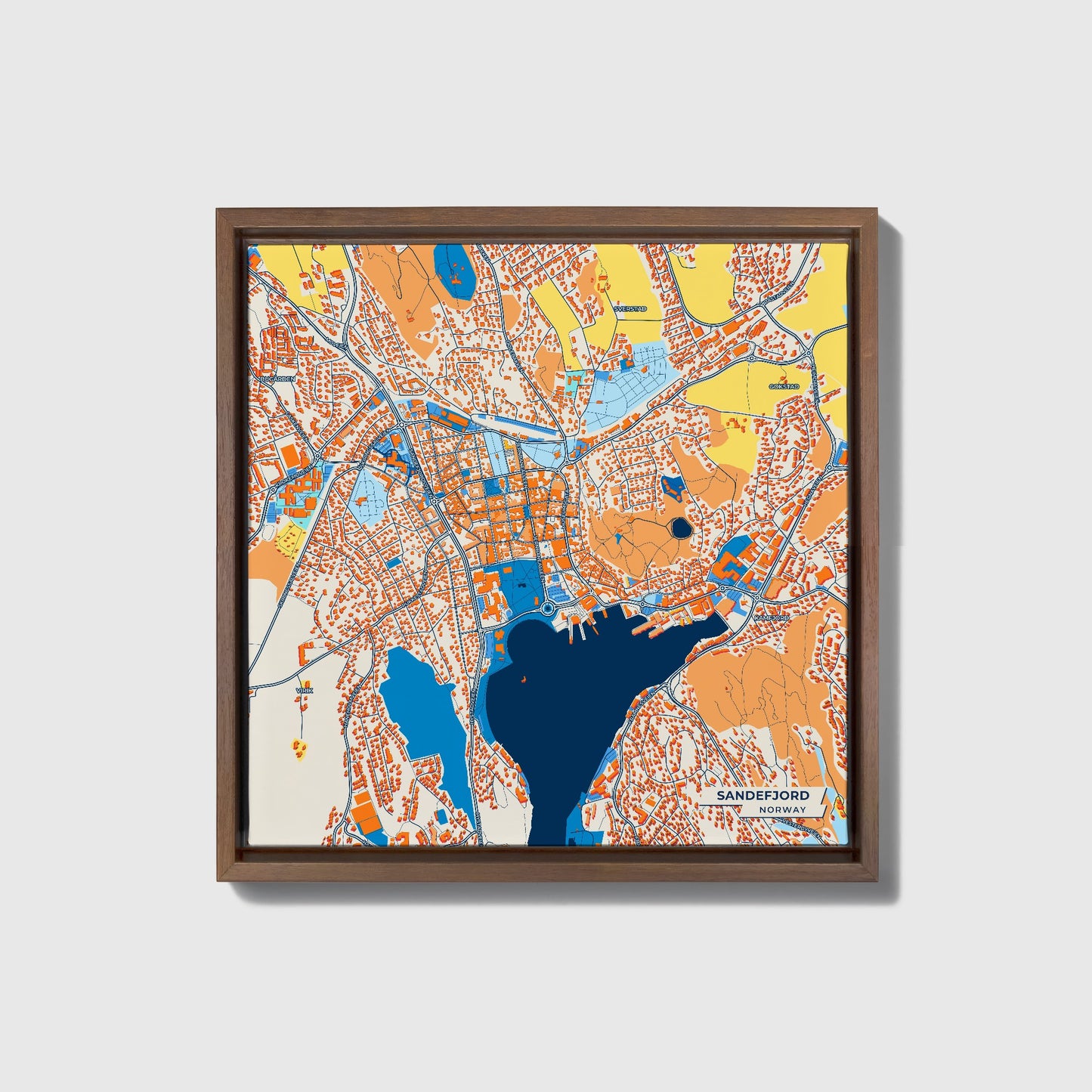 Sandefjord Norway Colorful City Map Canvas Print • Dark Wooden Framed