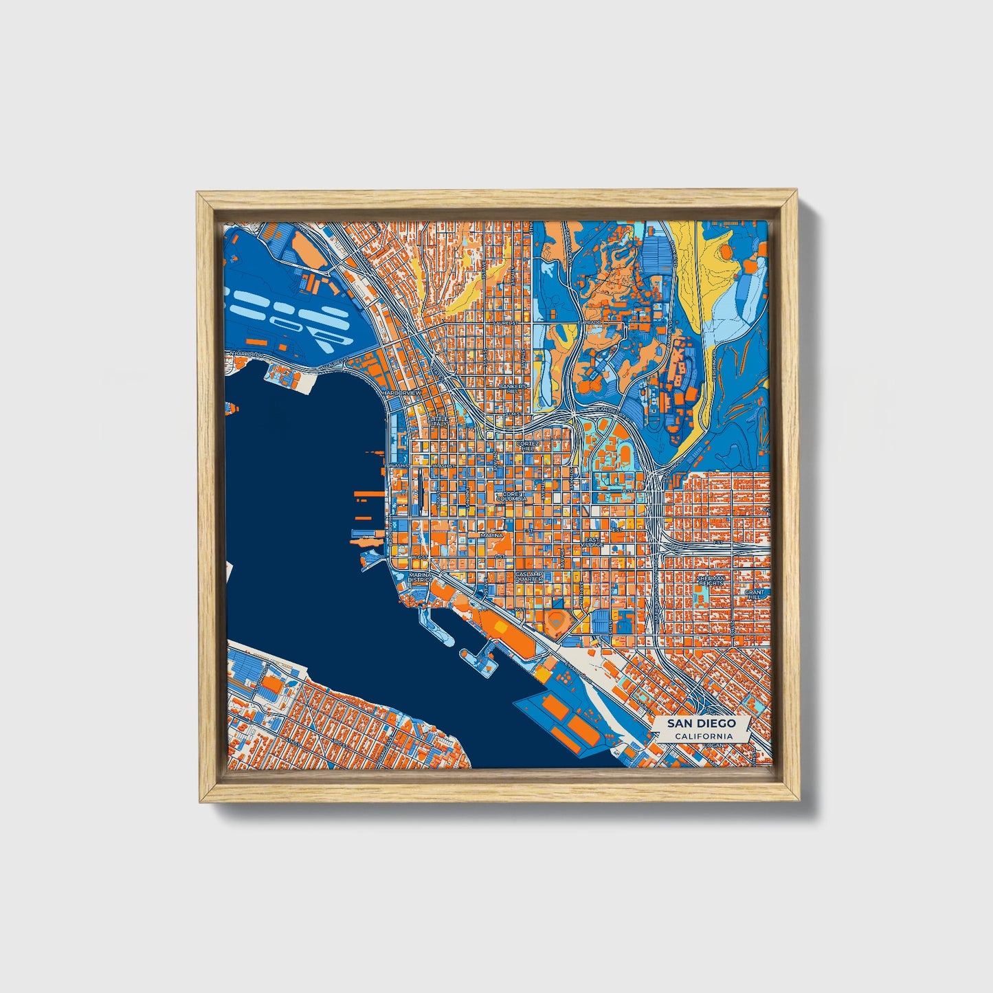 San Diego California Colorful City Map Canvas Print • Natural Wooden Framed