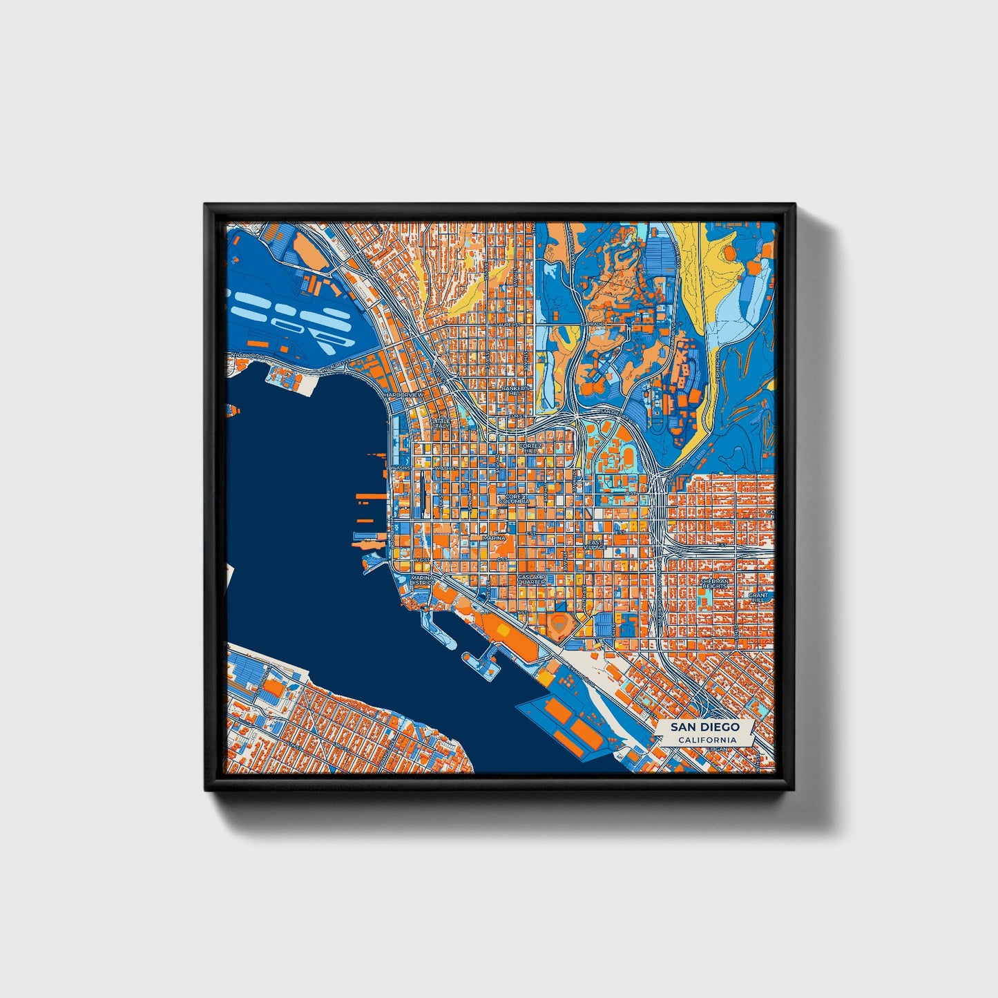 San Diego California Colorful City Map Canvas Print • Black Framed