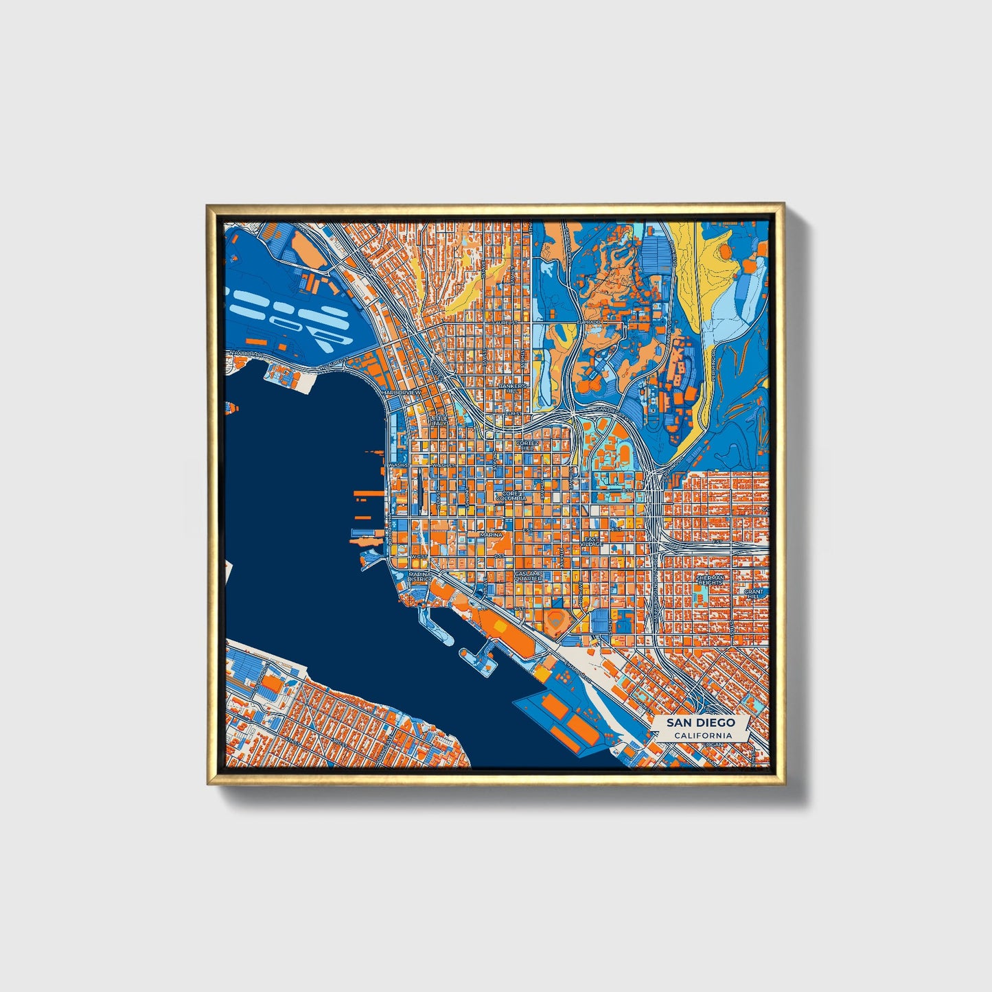 San Diego California Colorful City Map Canvas Print • Gold Framed