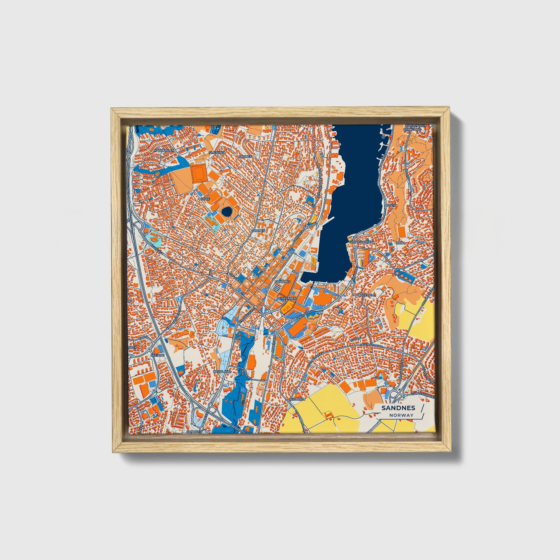 Sandnes Norway Colorful City Map Canvas Print • Natural Wooden Framed
