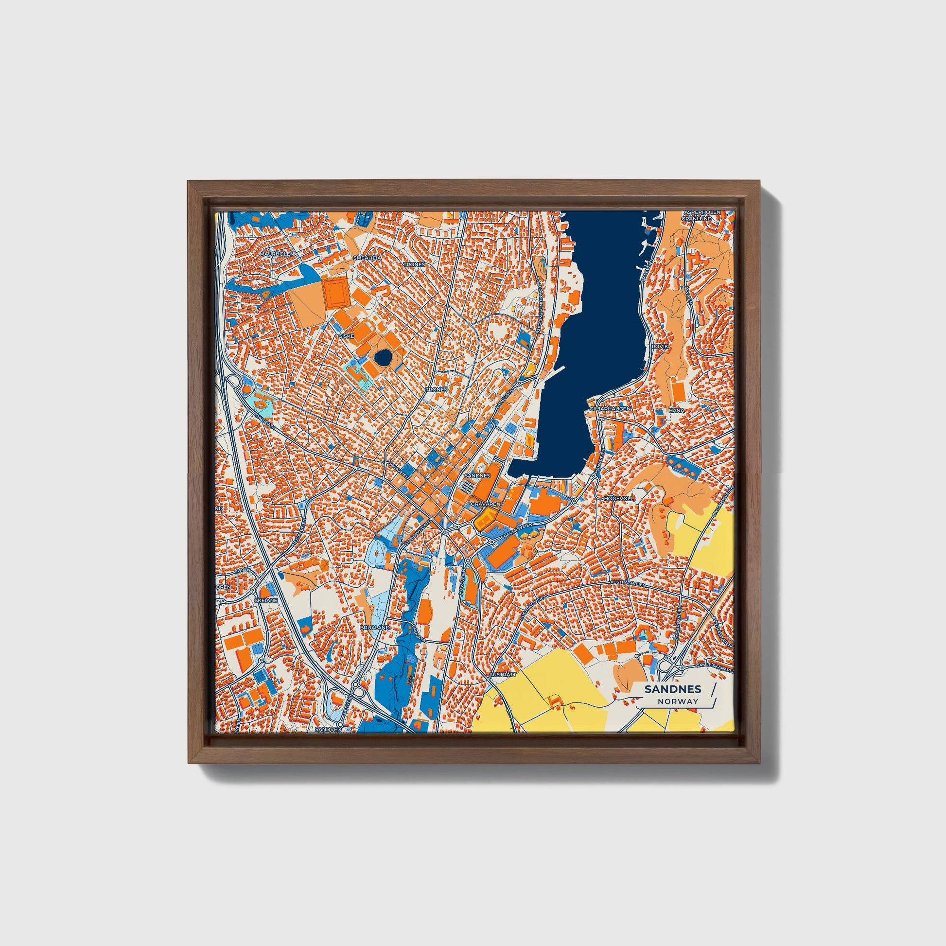 Sandnes Norway Colorful City Map Canvas Print • Dark Wooden Framed