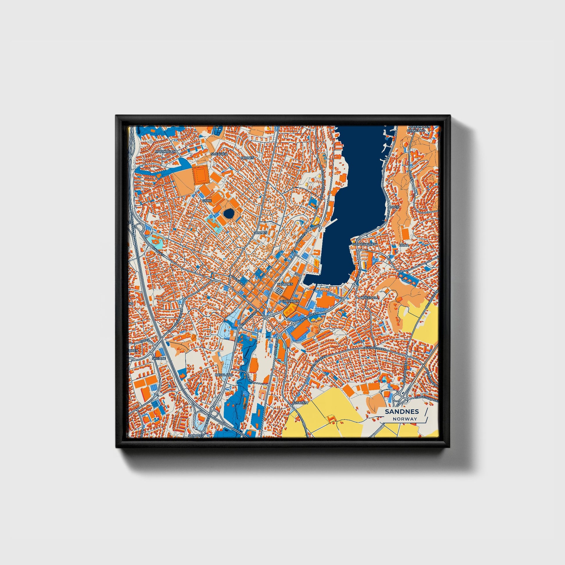Sandnes Norway Colorful City Map Canvas Print • Black Framed