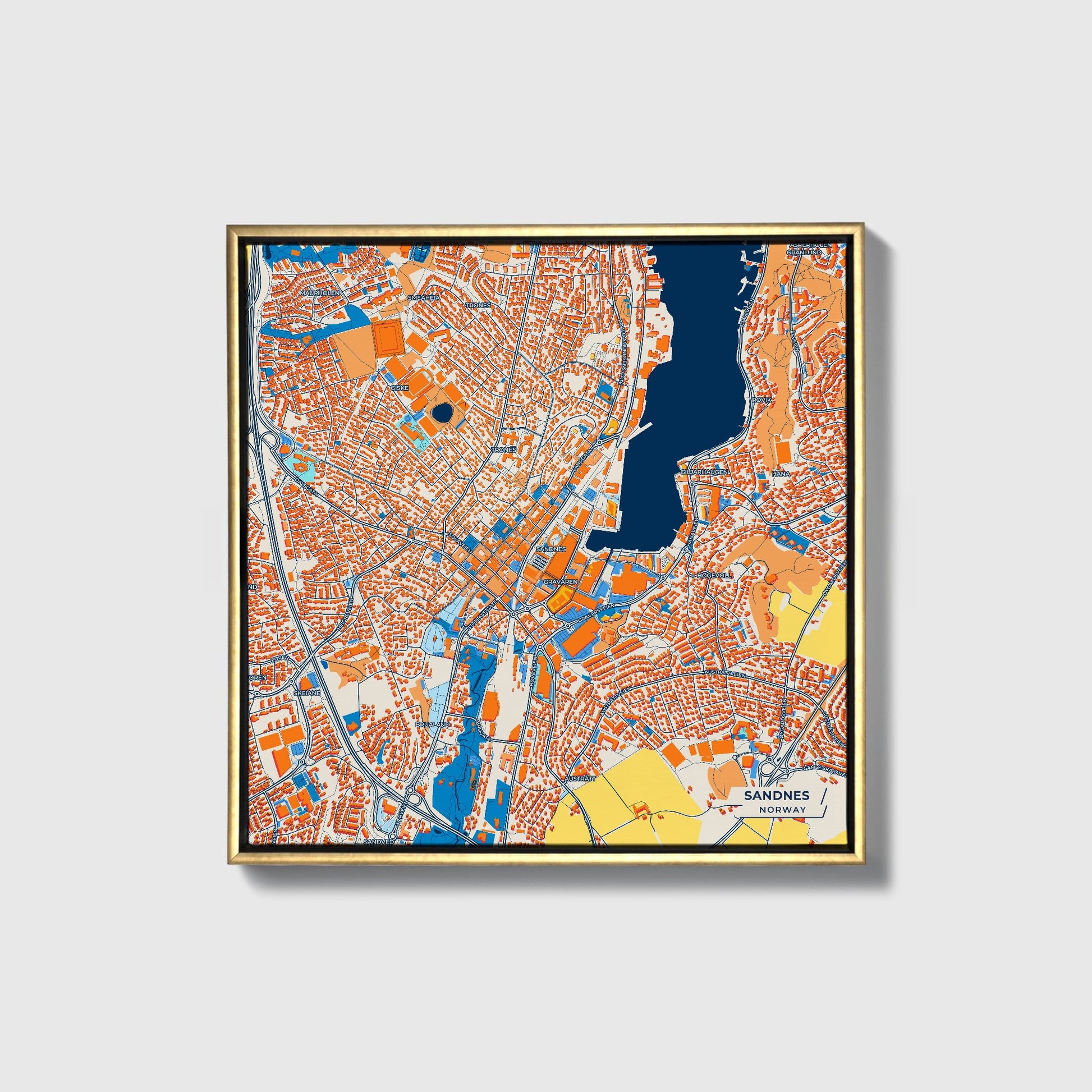 Sandnes Norway Colorful City Map Canvas Print • Gold Framed