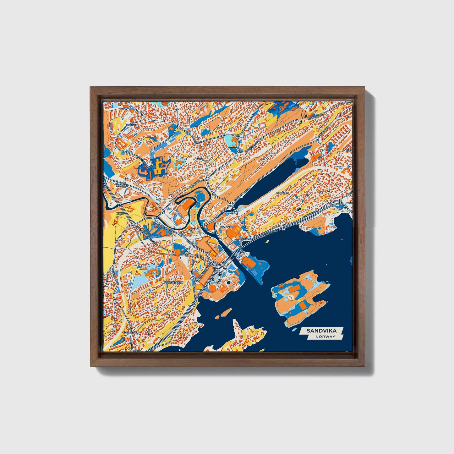 Sandvika Norway Colorful City Map Canvas Print • Dark Wooden Framed