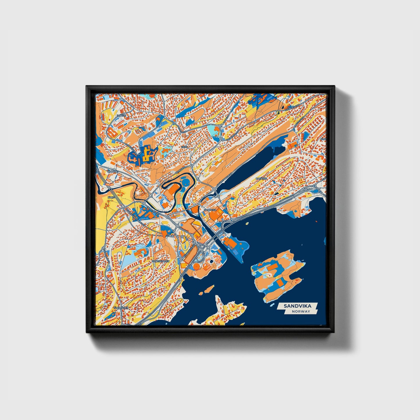 Sandvika Norway Colorful City Map Canvas Print • Black Framed