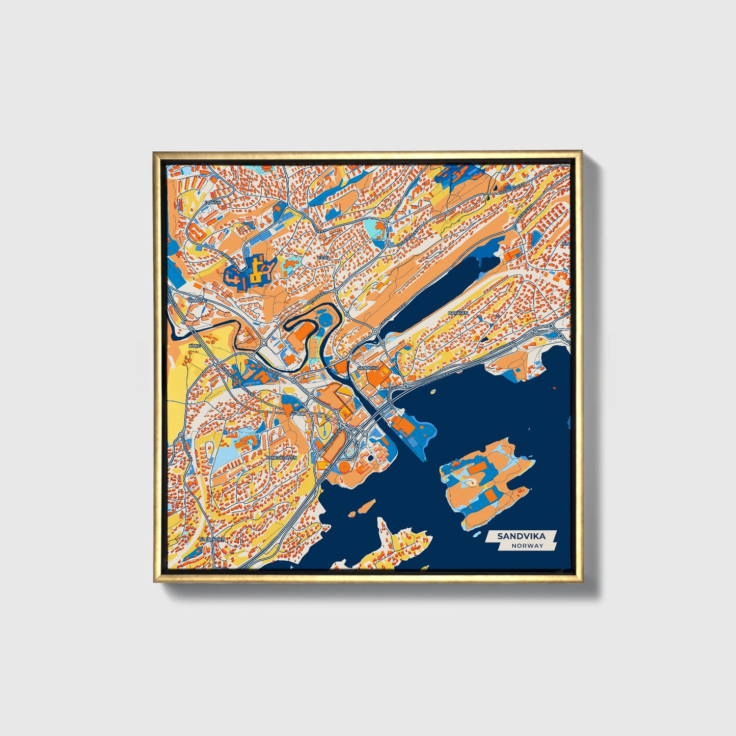 Sandvika Norway Colorful City Map Canvas Print • Gold Framed