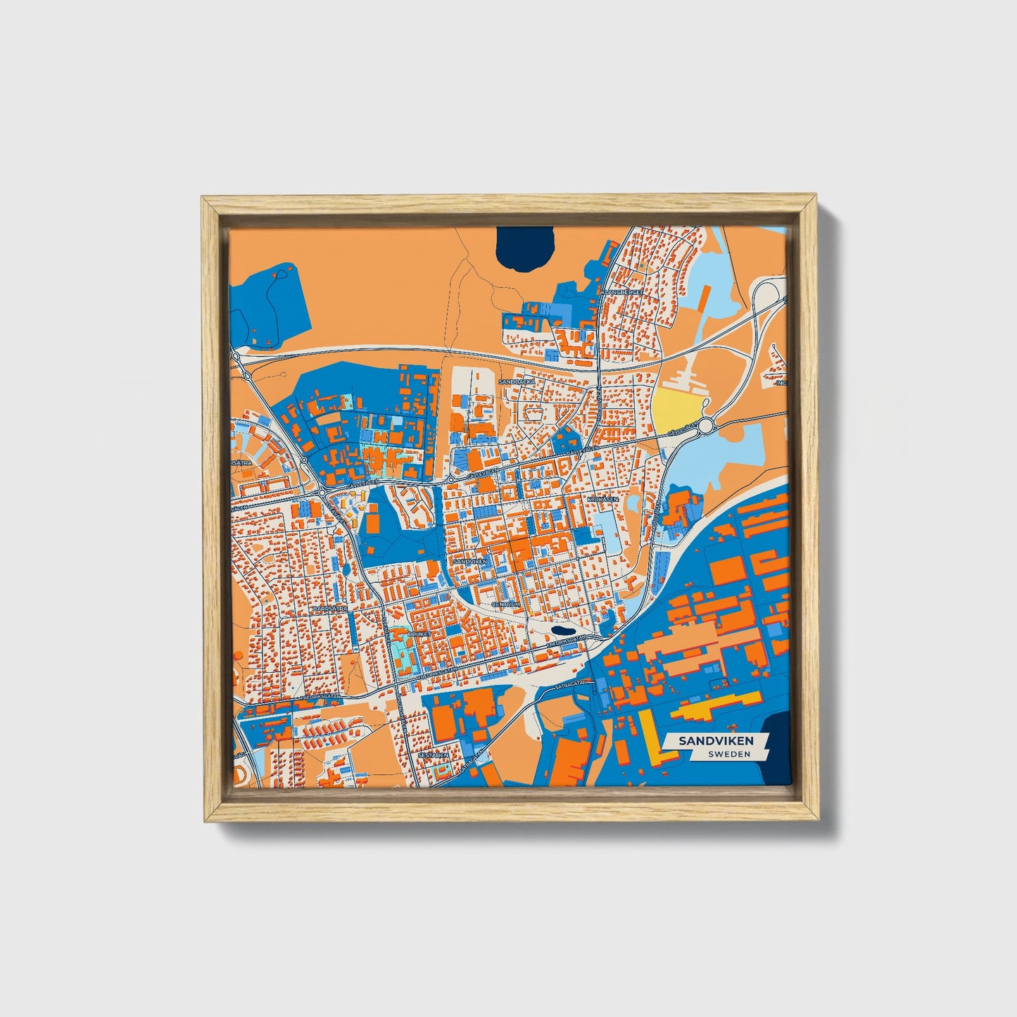 Sandviken Sweden Colorful City Map Canvas Print • Natural Wooden Framed
