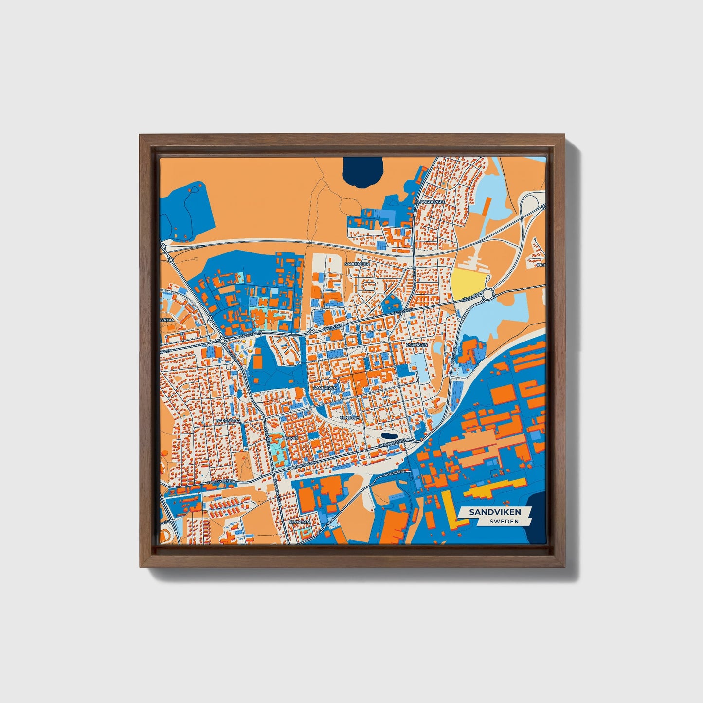 Sandviken Sweden Colorful City Map Canvas Print • Dark Wooden Framed