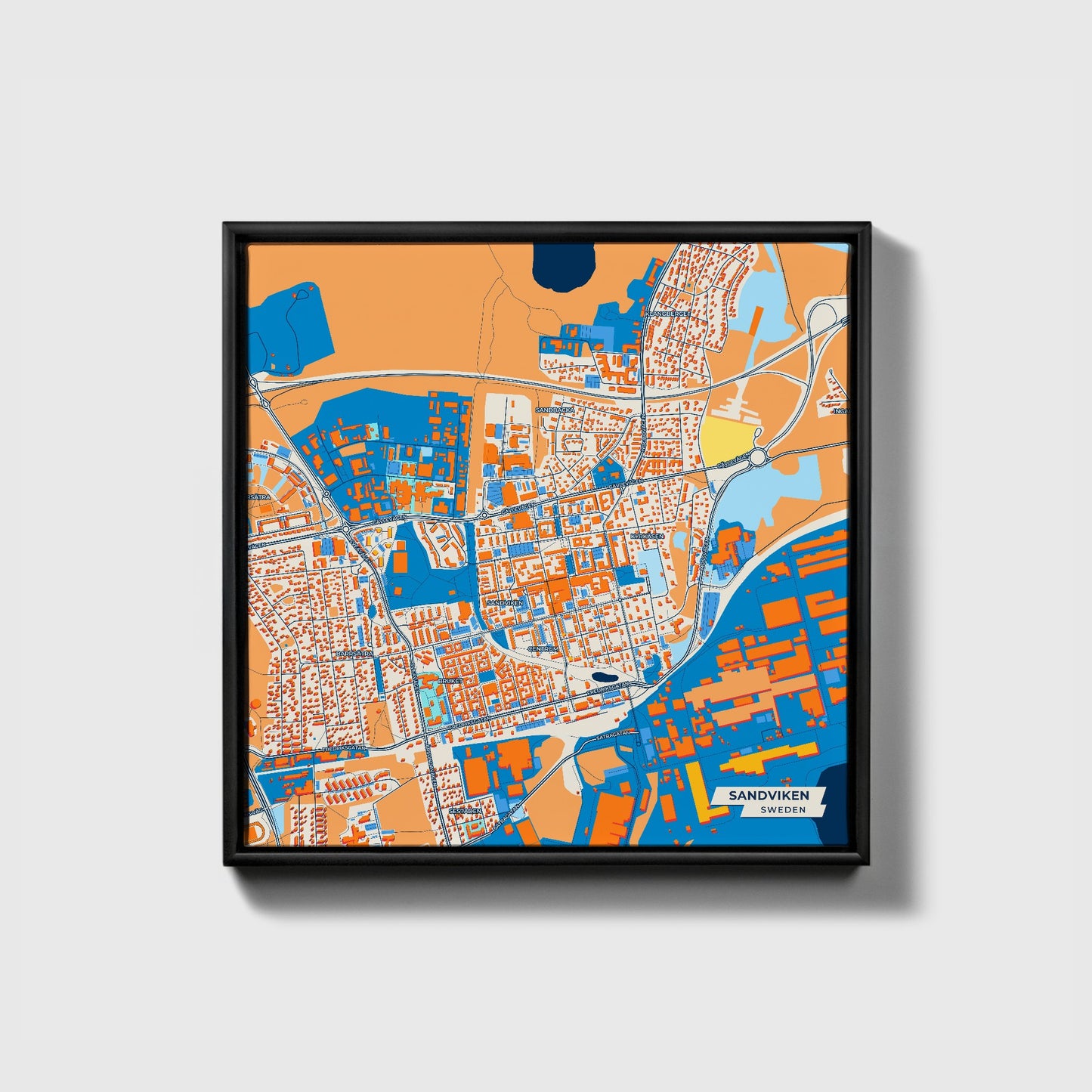 Sandviken Sweden Colorful City Map Canvas Print • Black Framed