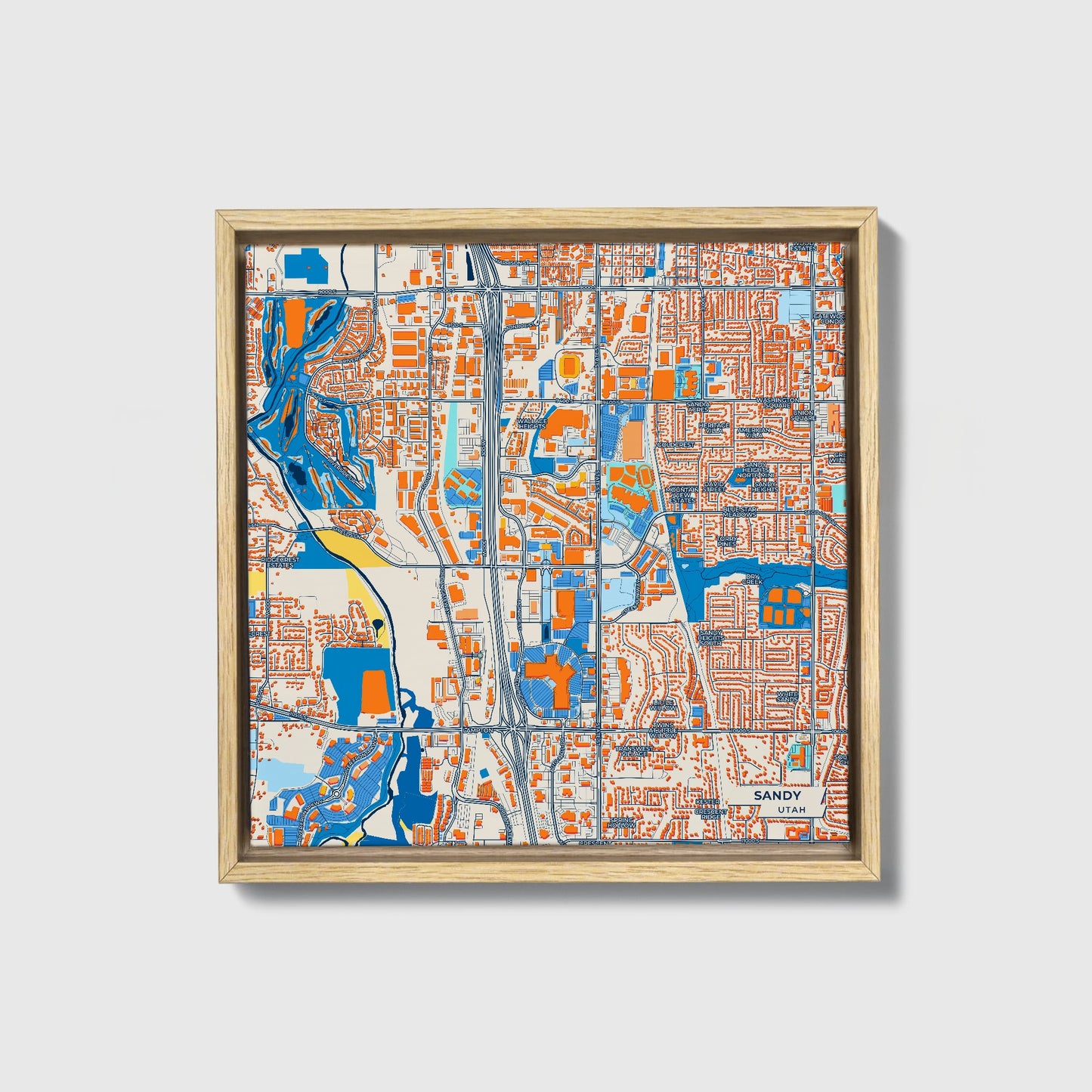 Sandy Utah Colorful City Map Canvas Print • Natural Wooden Framed