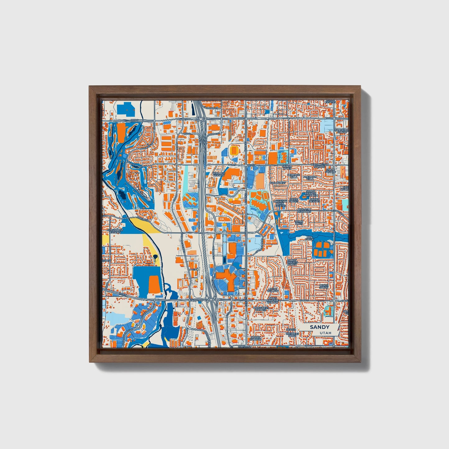 Sandy Utah Colorful City Map Canvas Print • Dark Wooden Framed