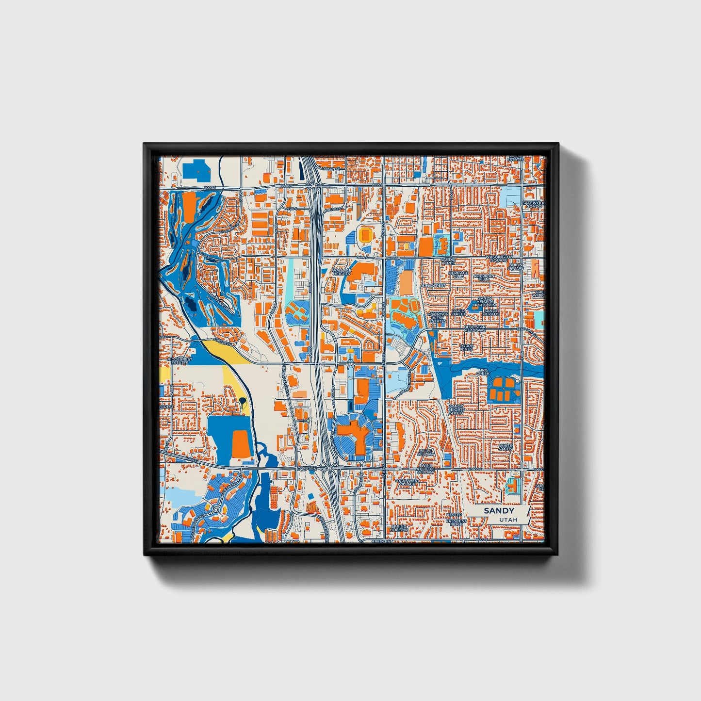 Sandy Utah Colorful City Map Canvas Print • Black Framed