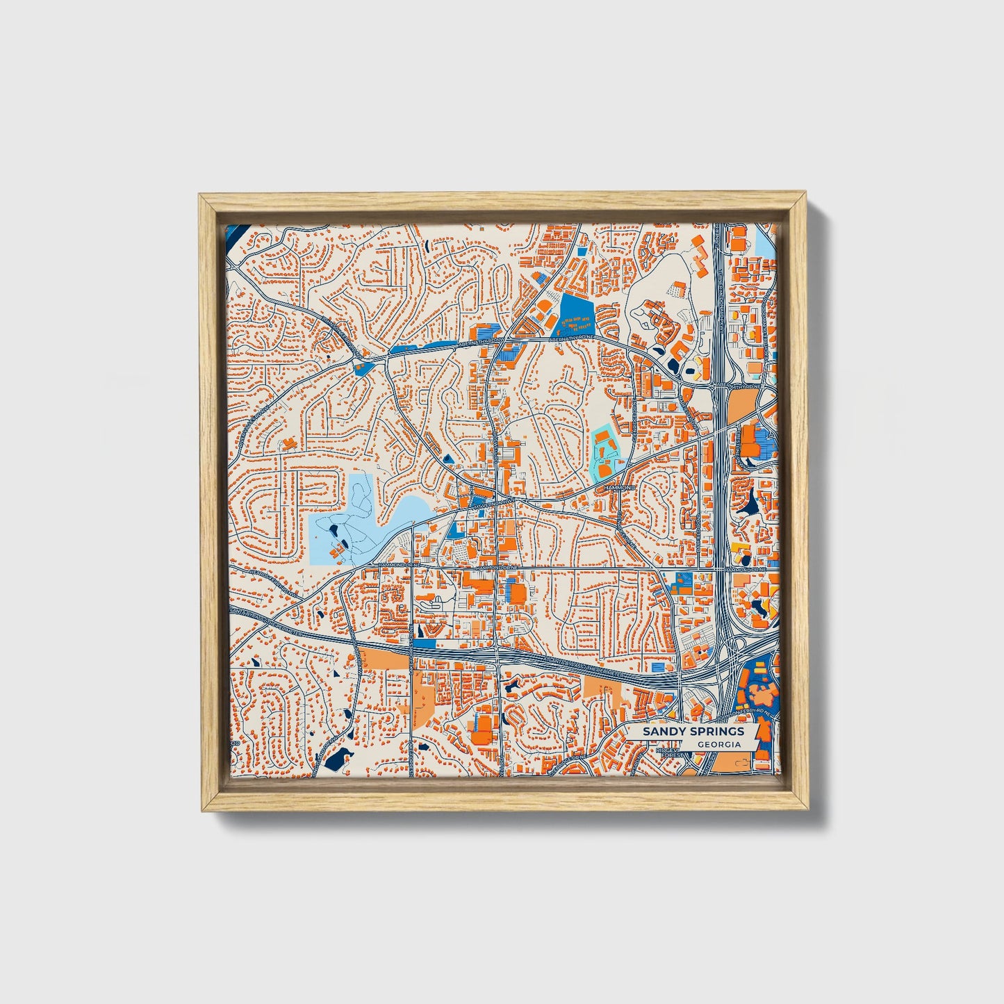 Sandy Springs Georgia Colorful City Map Canvas Print • Natural Wooden Framed