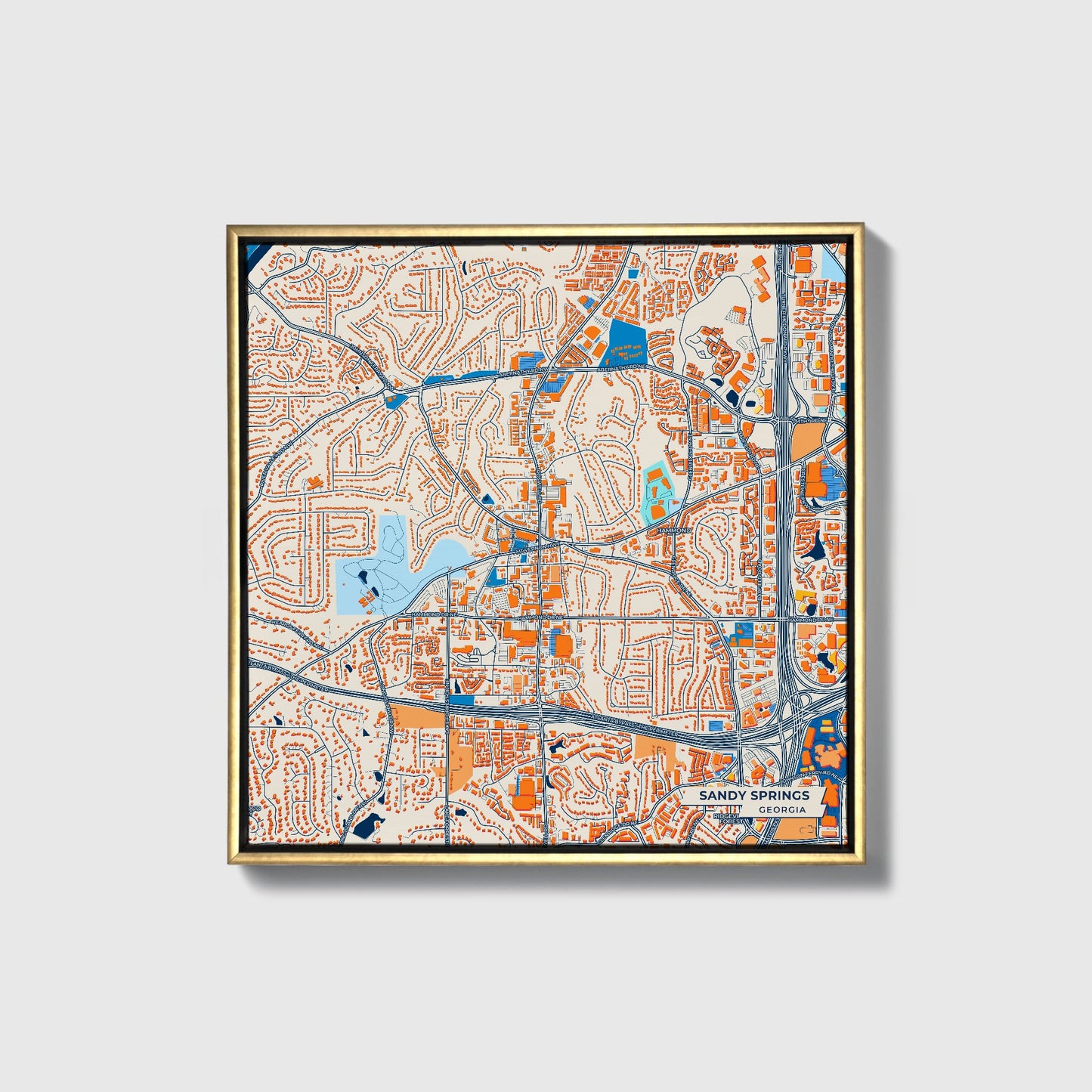Sandy Springs Georgia Colorful City Map Canvas Print • Gold Framed