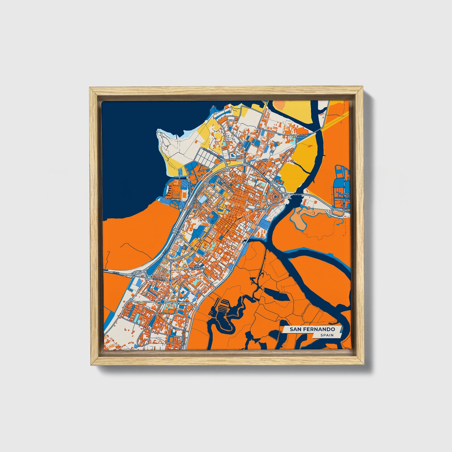 San Fernando Spain Colorful City Map Canvas Print • Natural Wooden Framed