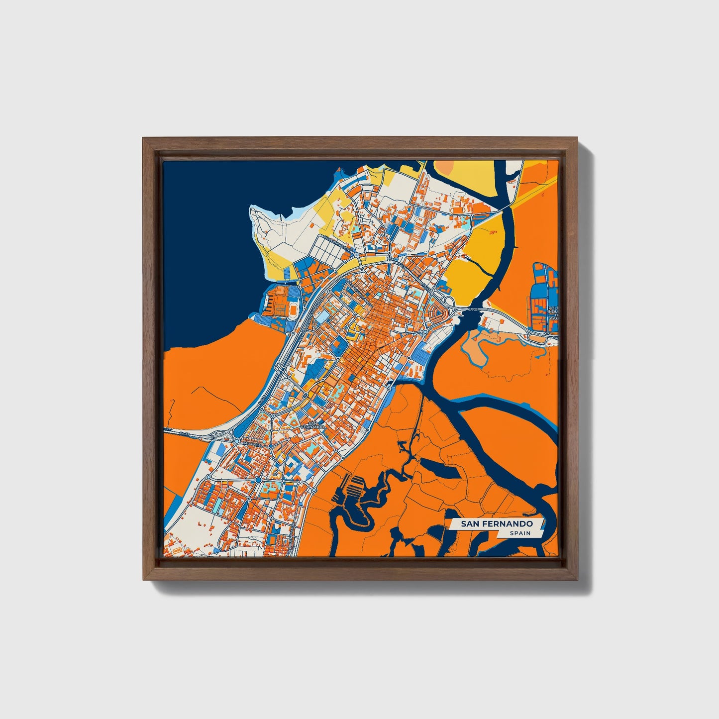 San Fernando Spain Colorful City Map Canvas Print • Dark Wooden Framed