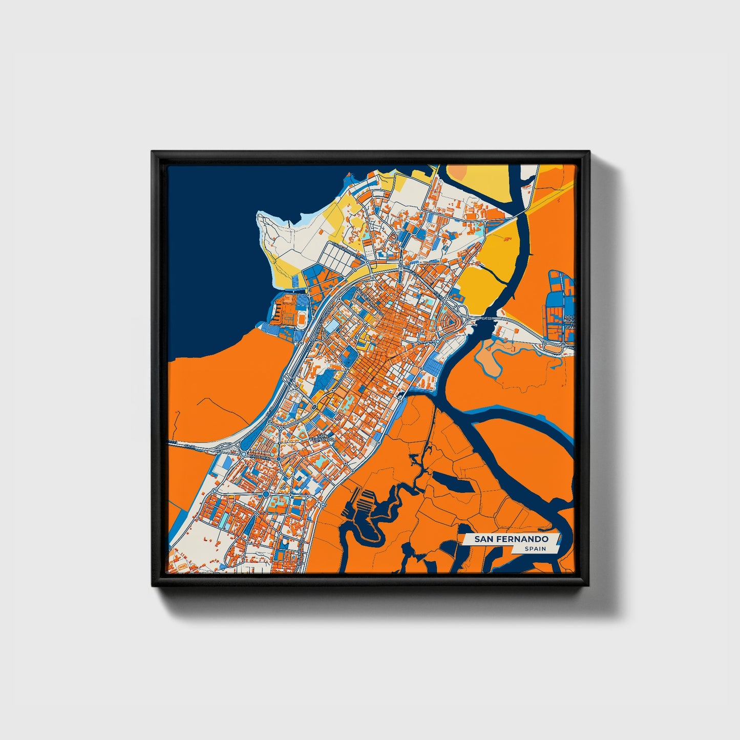 San Fernando Spain Colorful City Map Canvas Print • Black Framed