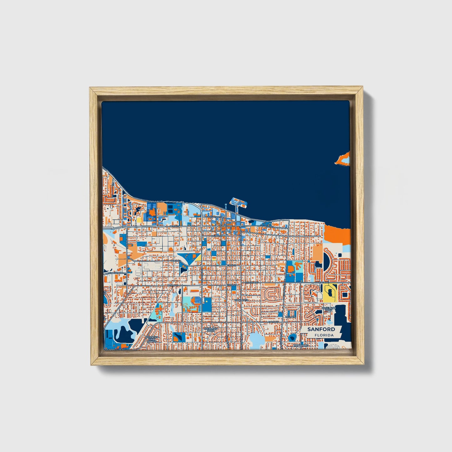 Sanford Florida Colorful City Map Canvas Print • Natural Wooden Framed