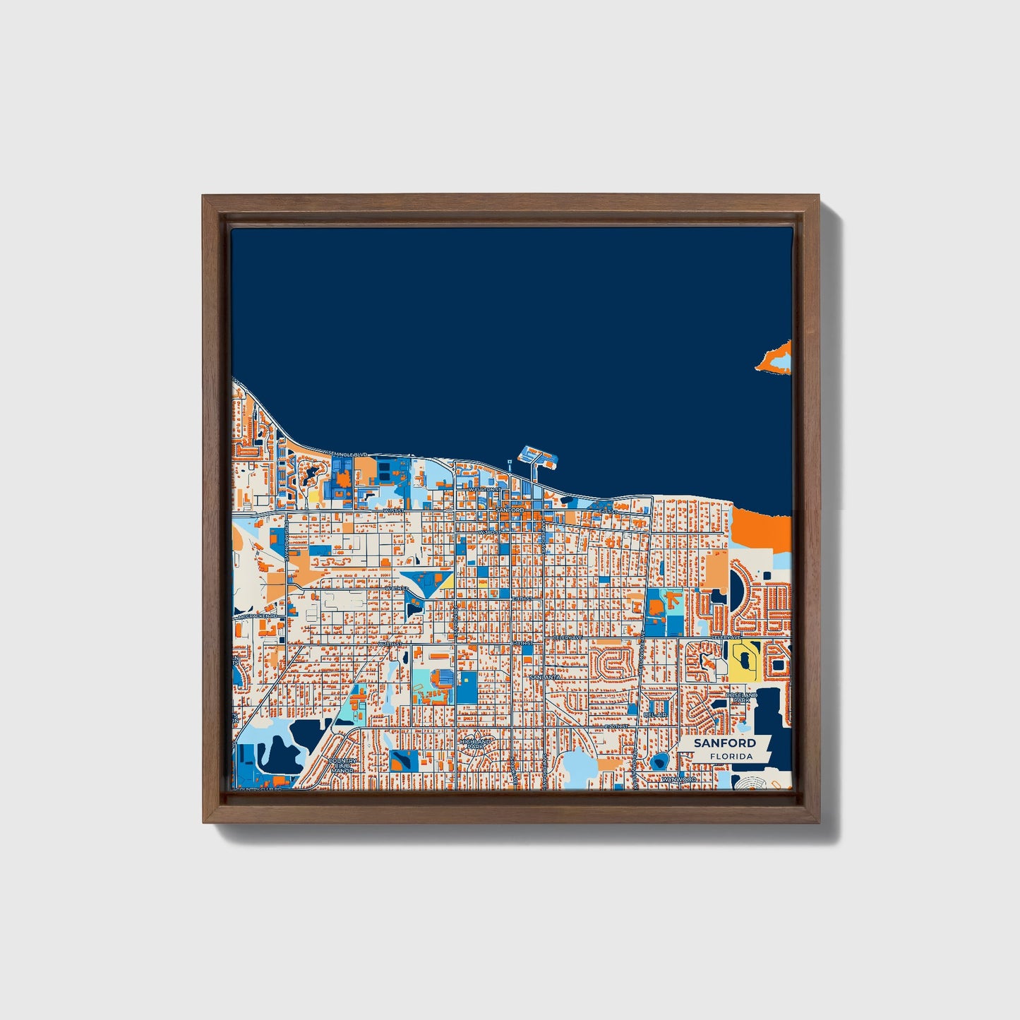 Sanford Florida Colorful City Map Canvas Print • Dark Wooden Framed