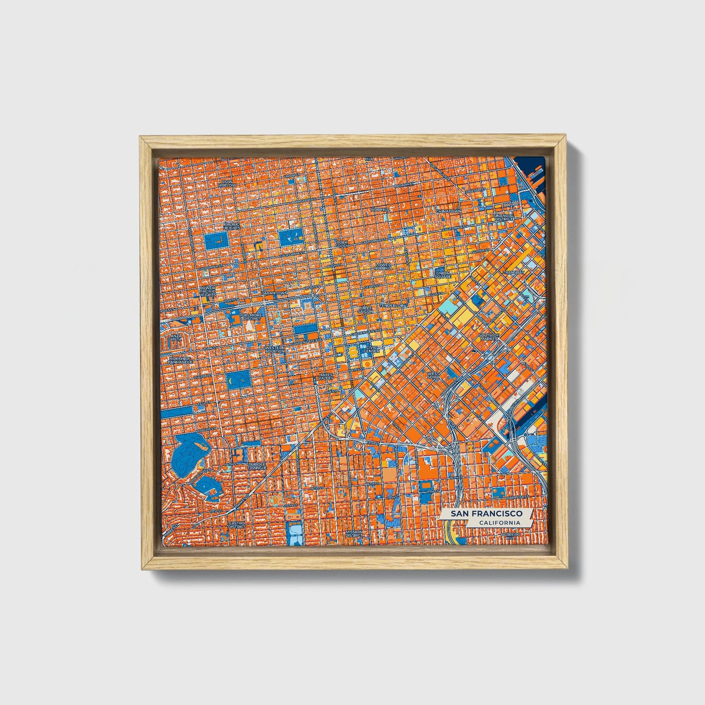 San Francisco California Colorful City Map Canvas Print • Natural Wooden Framed