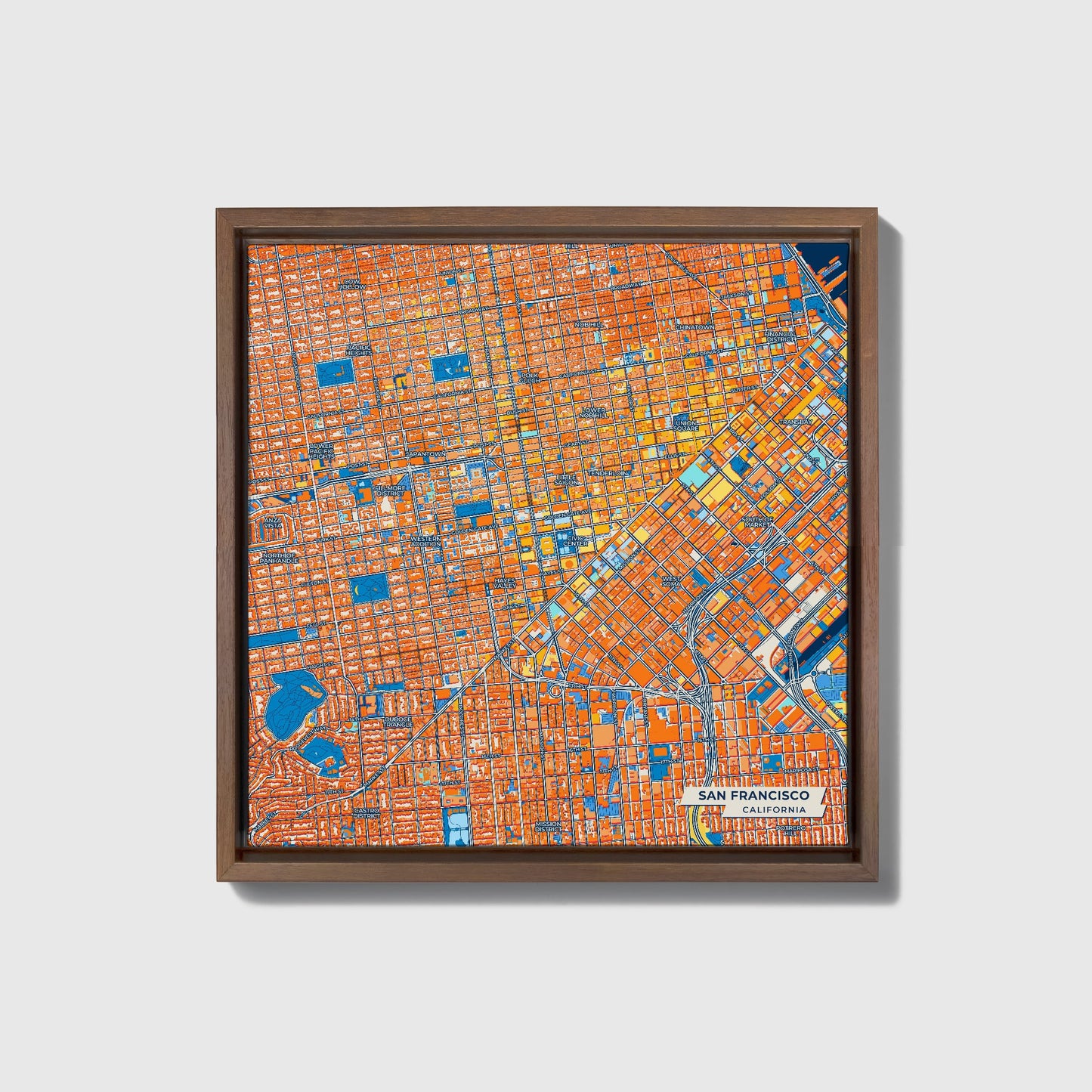 San Francisco California Colorful City Map Canvas Print • Dark Wooden Framed