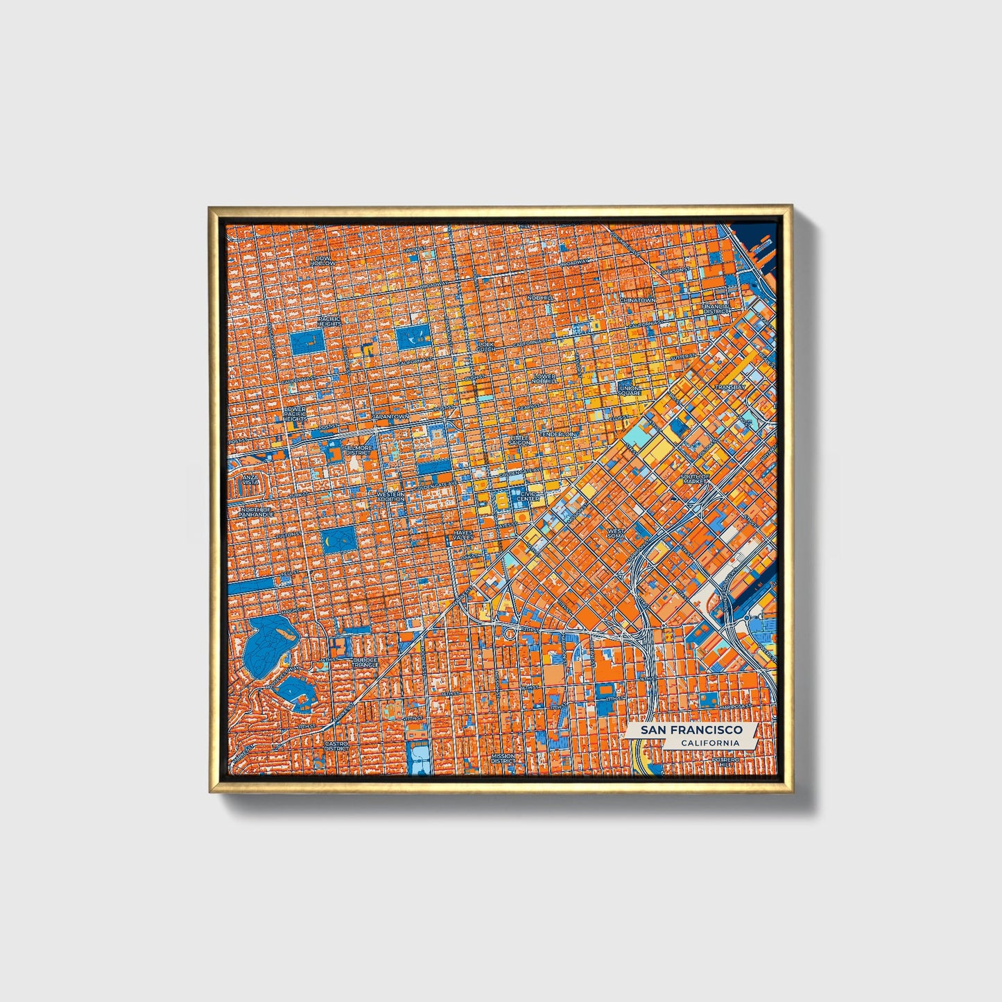 San Francisco California Colorful City Map Canvas Print • Gold Framed