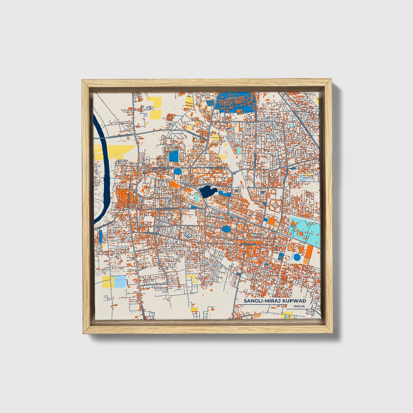 Sangli-Miraj Kupwad India Colorful City Map Canvas Print • Natural Wooden Framed