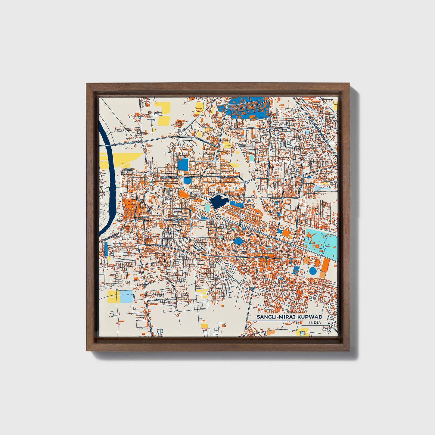 Sangli-Miraj Kupwad India Colorful City Map Canvas Print • Dark Wooden Framed