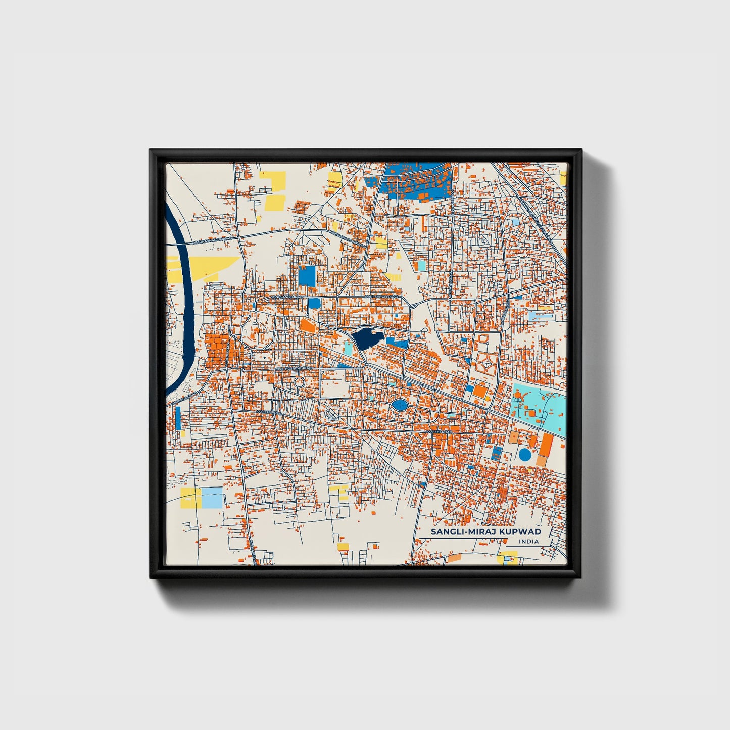 Sangli-Miraj Kupwad India Colorful City Map Canvas Print • Black Framed