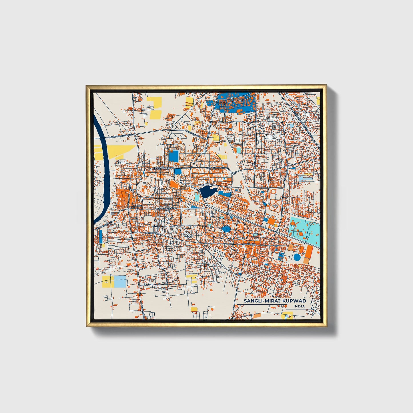 Sangli-Miraj Kupwad India Colorful City Map Canvas Print • Gold Framed