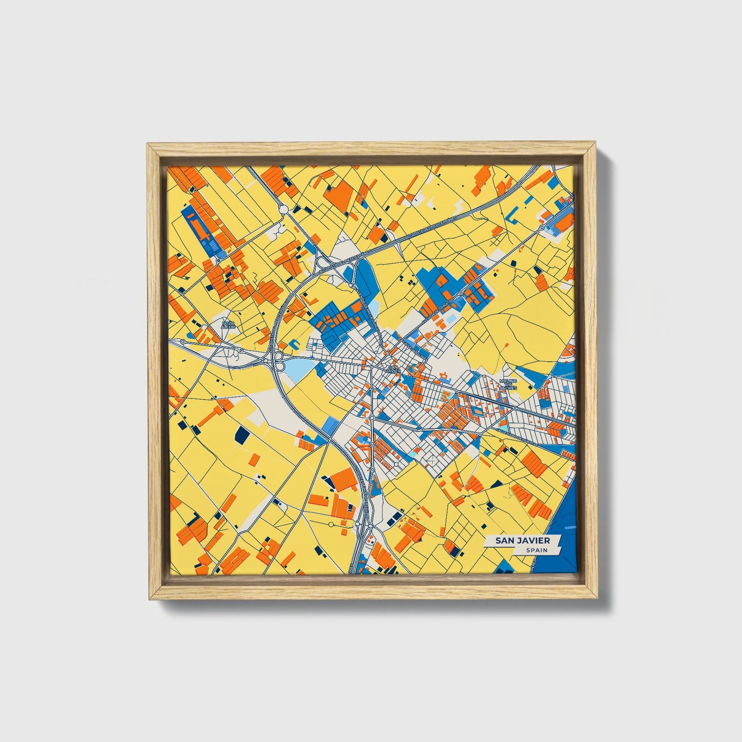 San Javier Spain Colorful City Map Canvas Print • Natural Wooden Framed