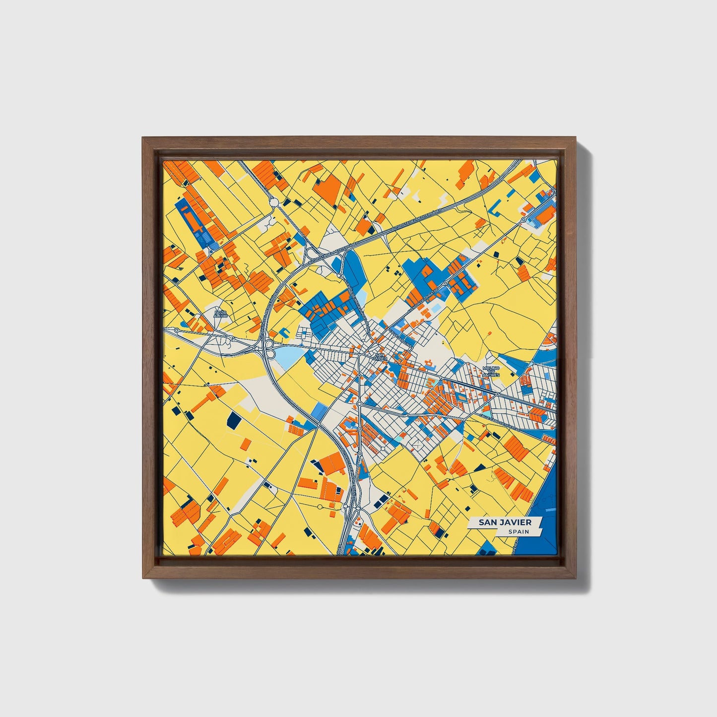 San Javier Spain Colorful City Map Canvas Print • Dark Wooden Framed