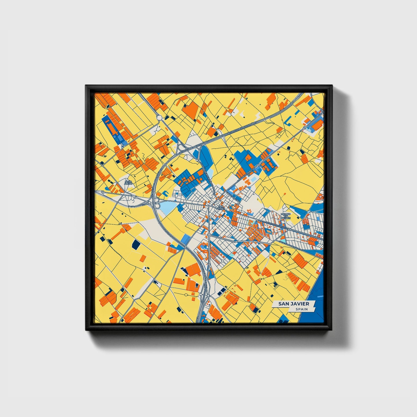 San Javier Spain Colorful City Map Canvas Print • Black Framed