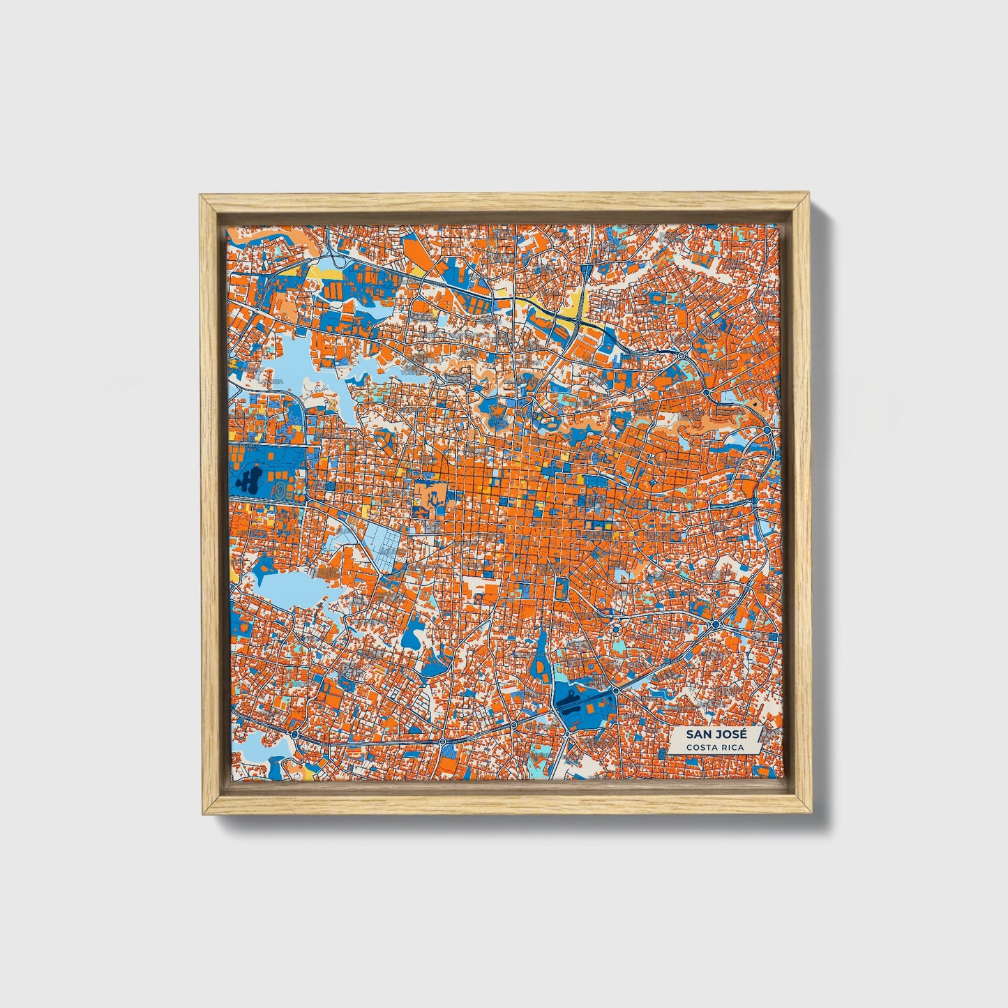 San José Costa Rica Colorful City Map Canvas Print • Natural Wooden Framed