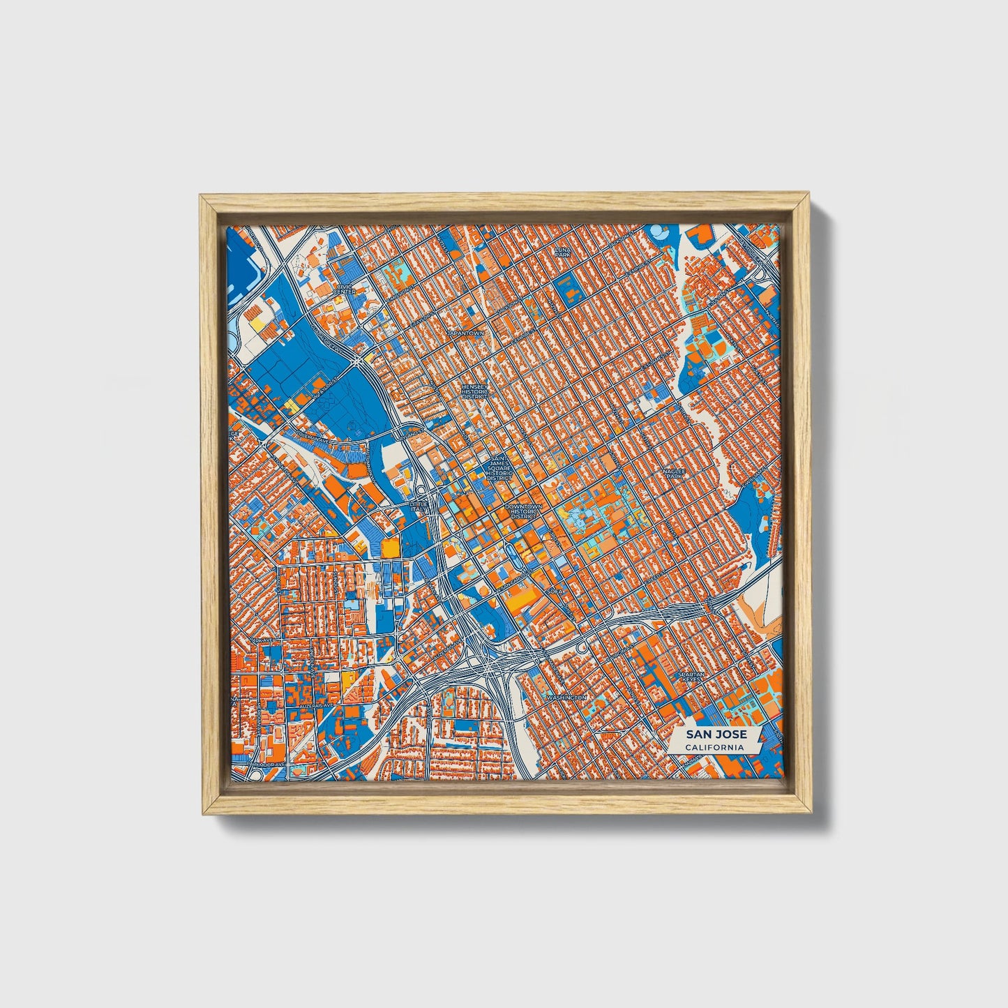 San Jose California Colorful City Map Canvas Print • Natural Wooden Framed
