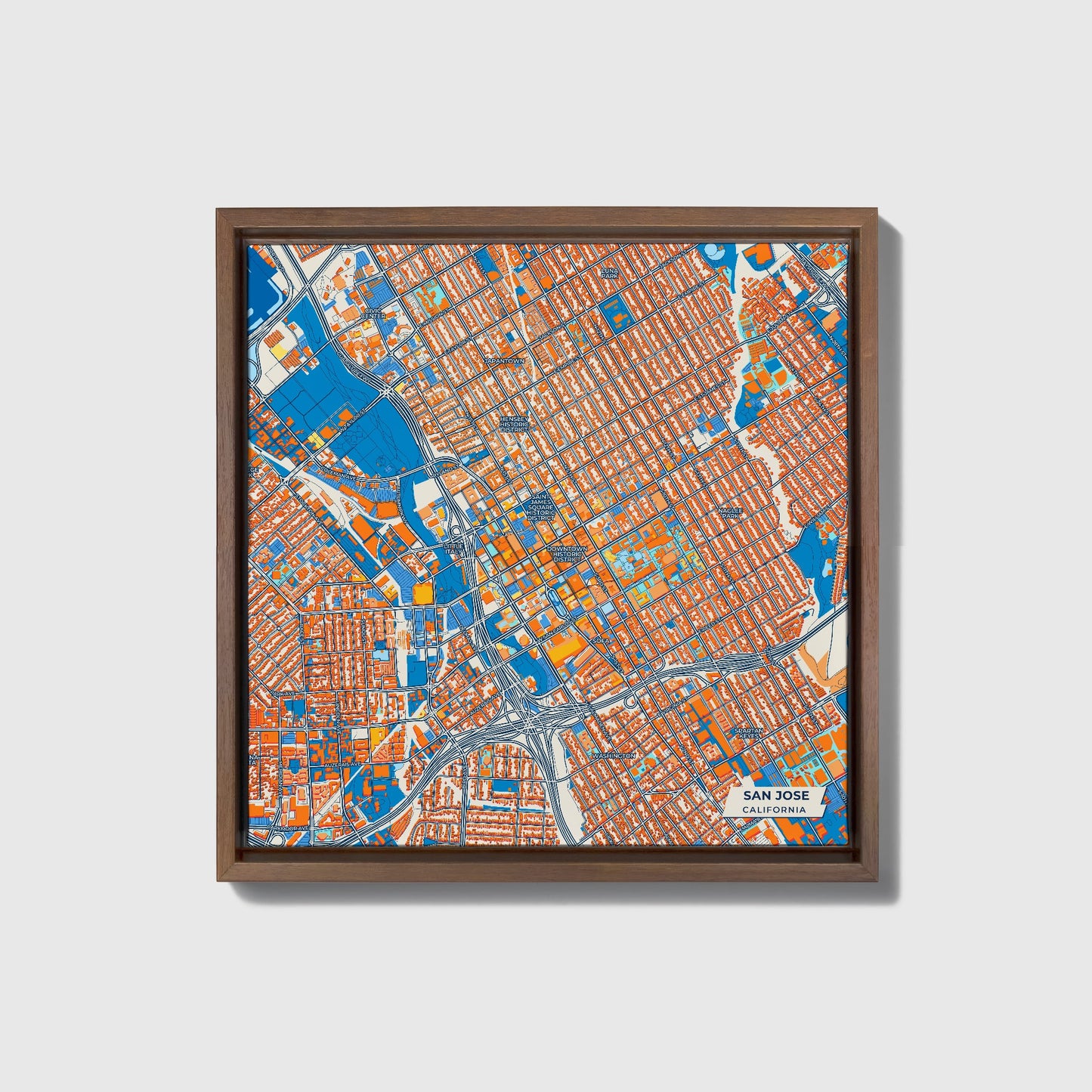 San Jose California Colorful City Map Canvas Print • Dark Wooden Framed