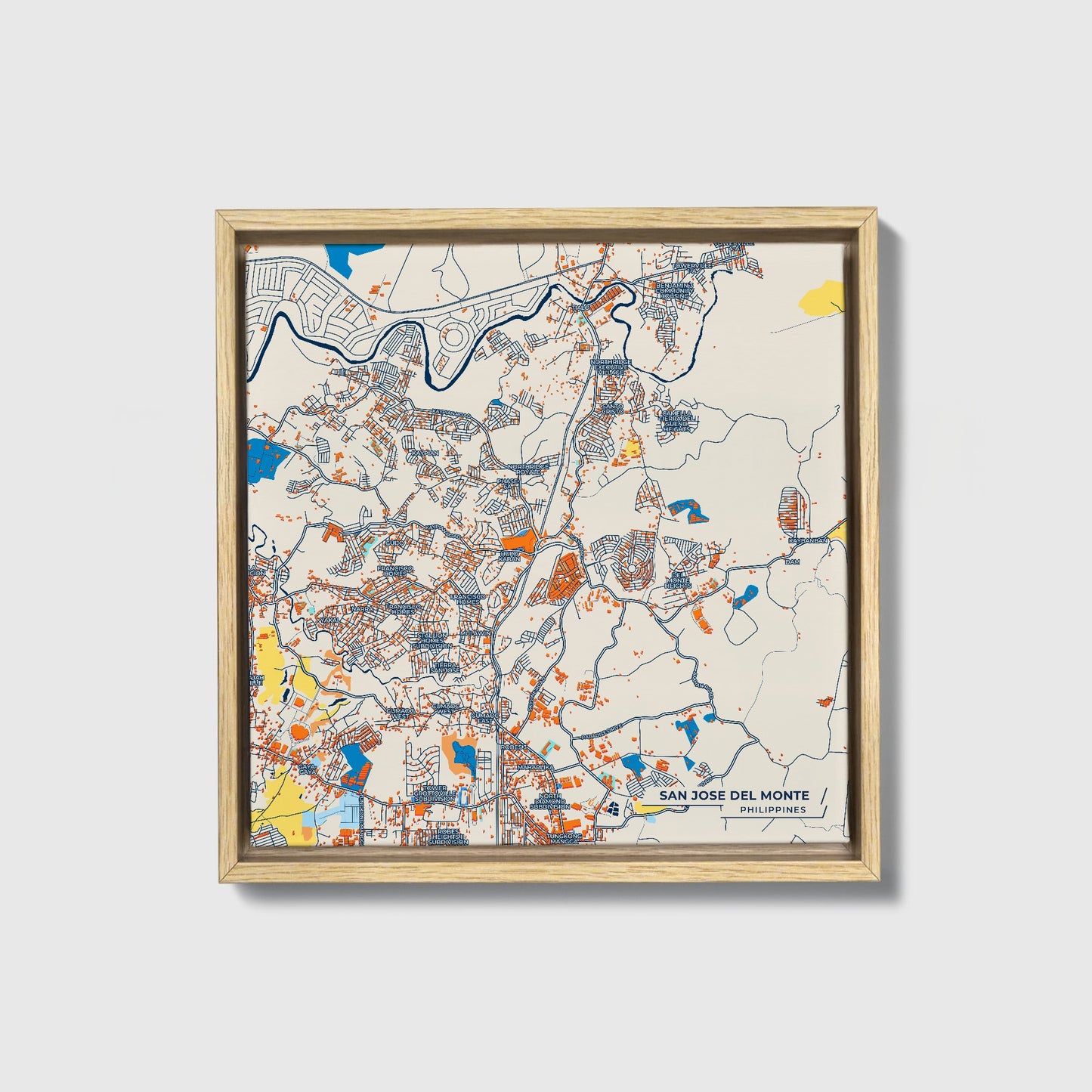 San Jose Del Monte Philippines Colorful City Map Canvas Print • Natural Wooden Framed