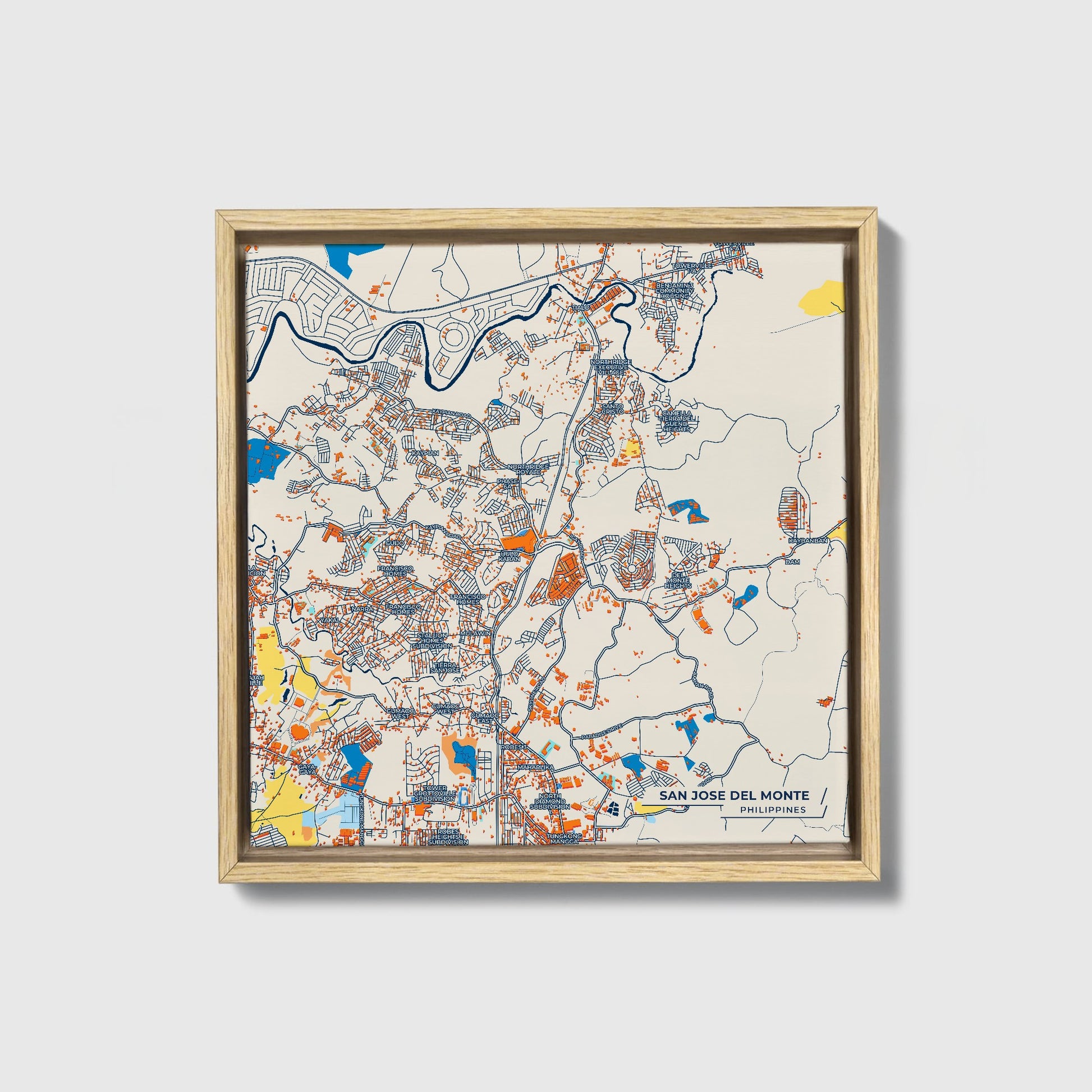 San Jose Del Monte Philippines Colorful City Map Canvas Print • Natural Wooden Framed