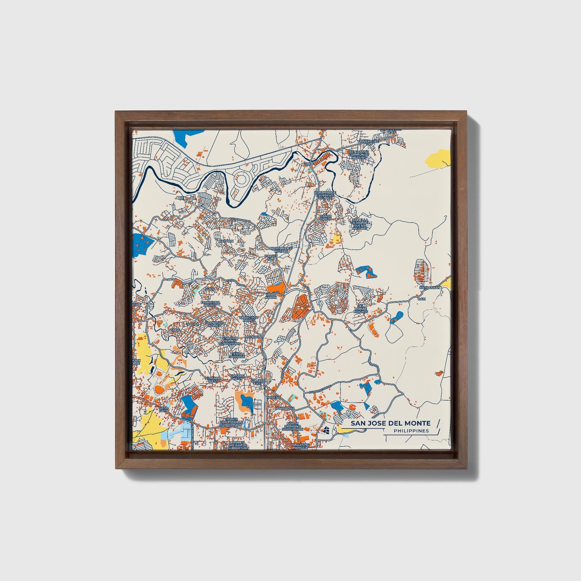 San Jose Del Monte Philippines Colorful City Map Canvas Print • Dark Wooden Framed