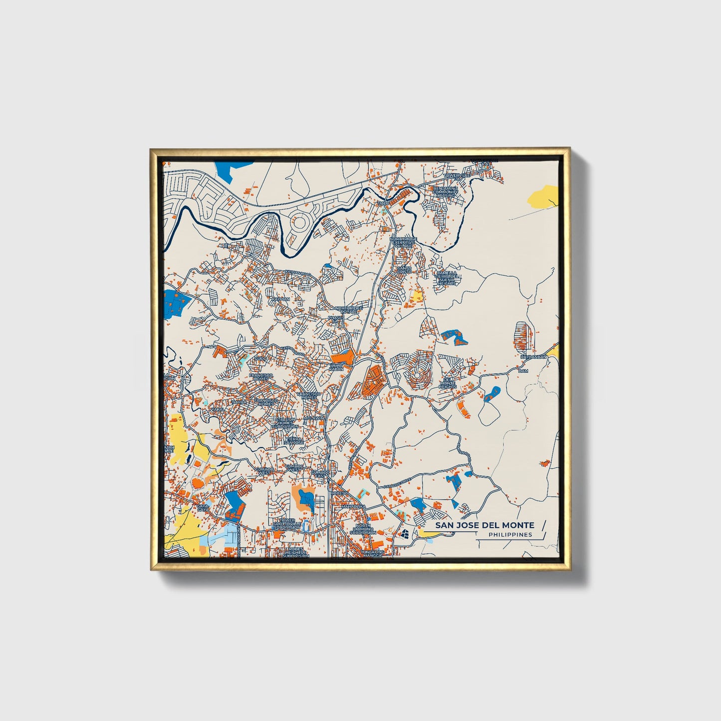 San Jose Del Monte Philippines Colorful City Map Canvas Print • Gold Framed