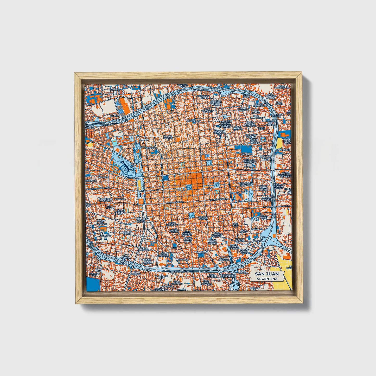 San Juan Argentina Colorful City Map Canvas Print • Natural Wooden Framed