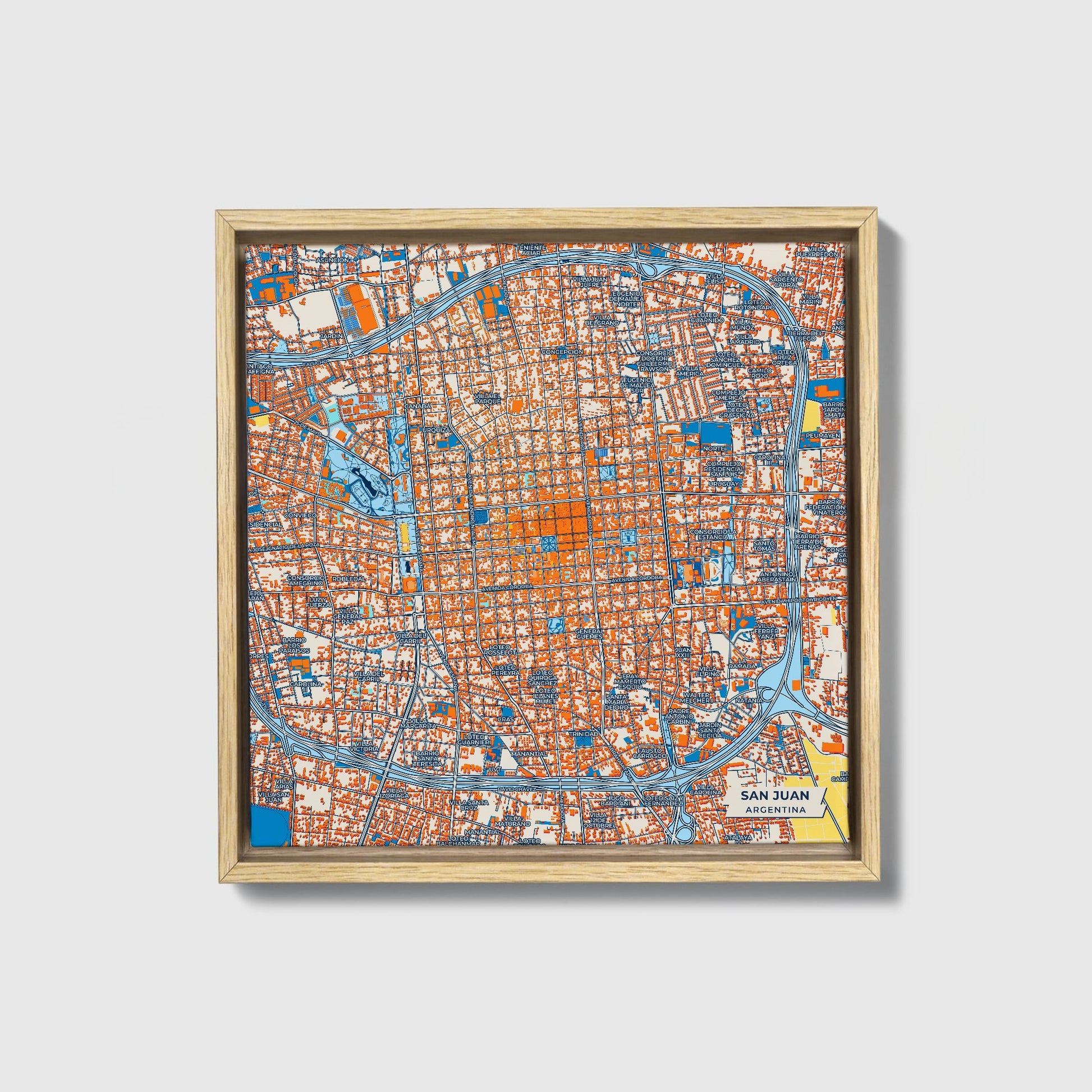 San Juan Argentina Colorful City Map Canvas Print • Natural Wooden Framed