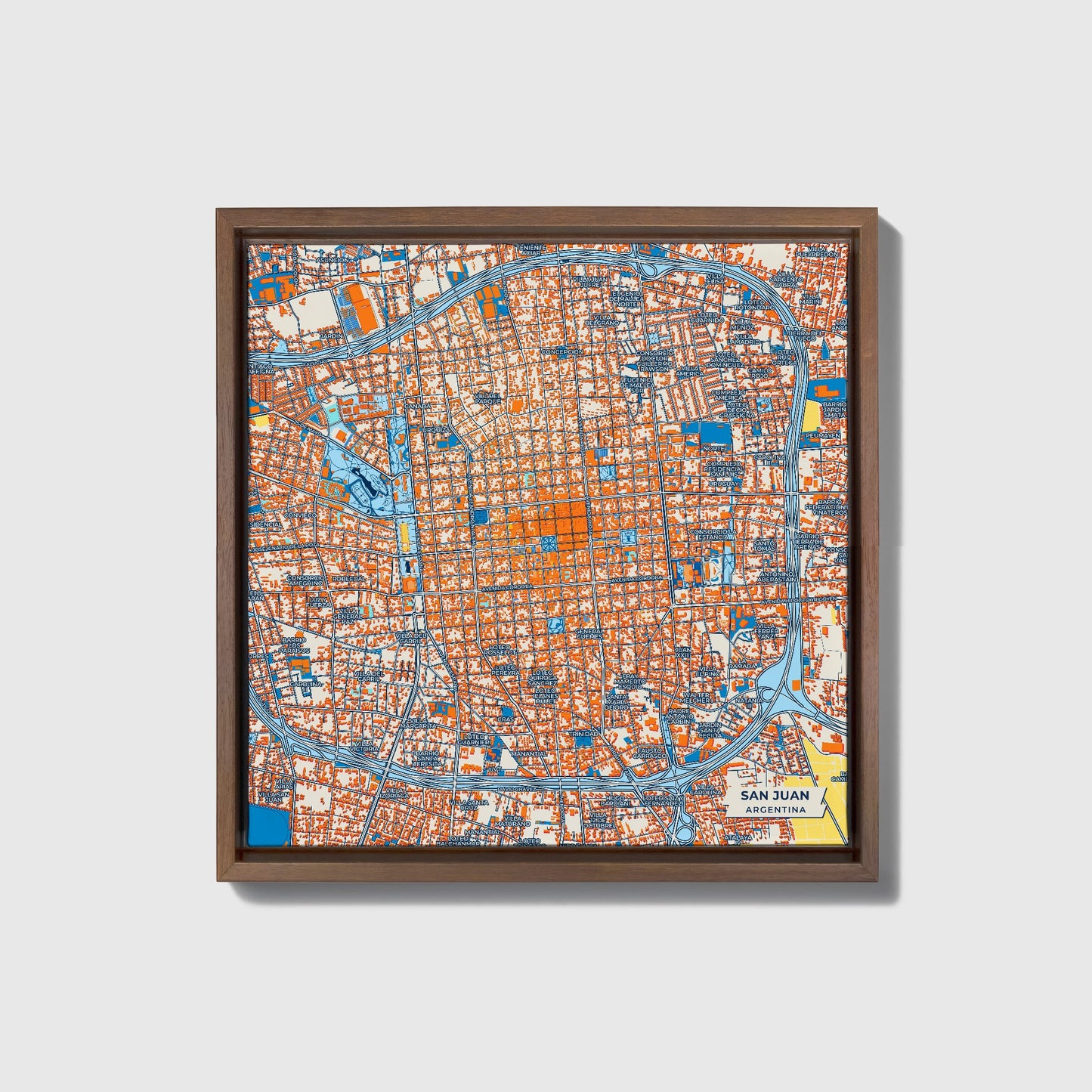 San Juan Argentina Colorful City Map Canvas Print • Dark Wooden Framed