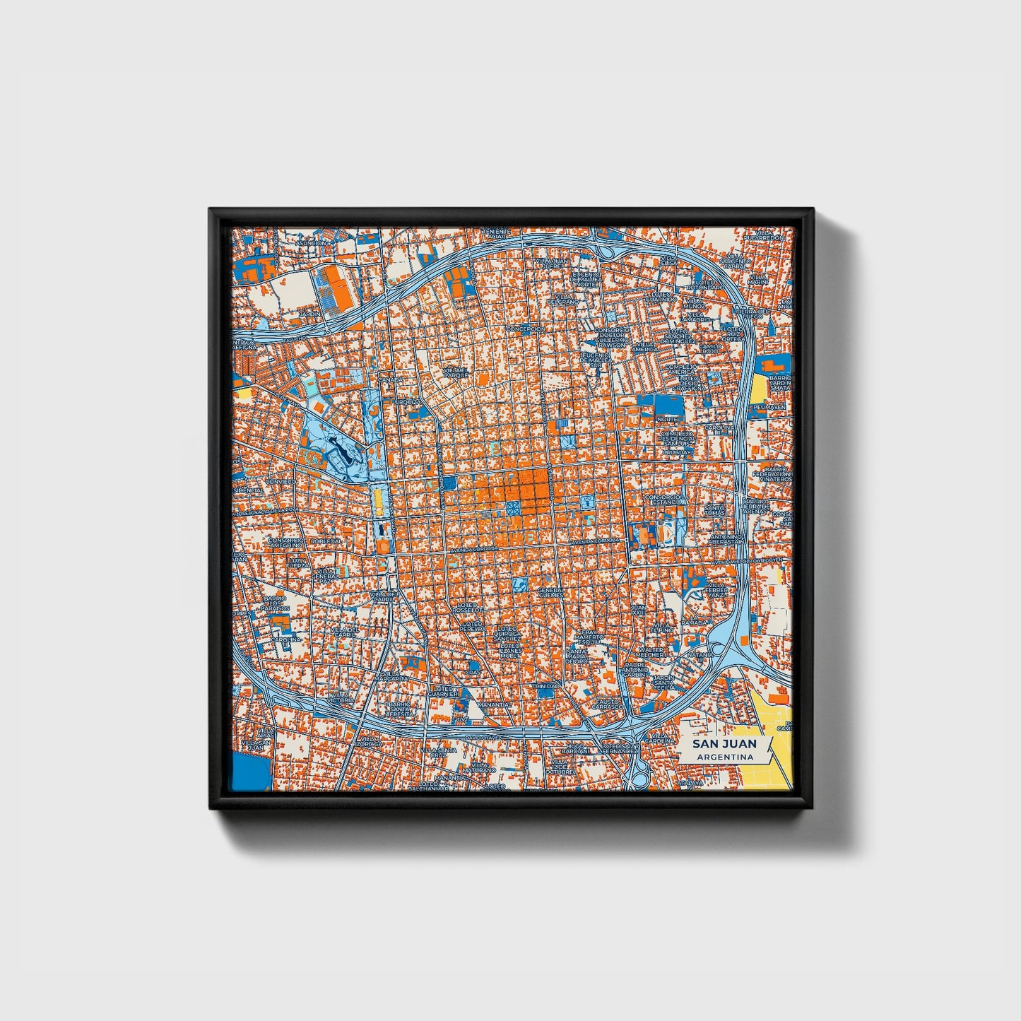 San Juan Argentina Colorful City Map Canvas Print • Black Framed