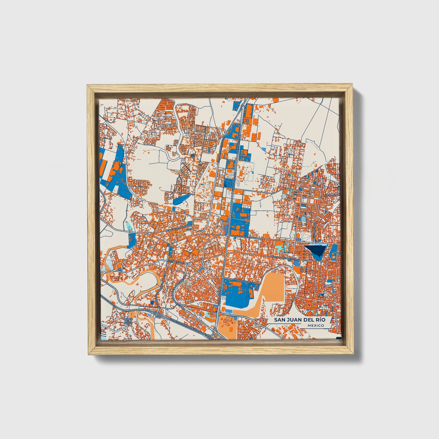 San Juan Del Río Mexico Colorful City Map Canvas Print • Natural Wooden Framed