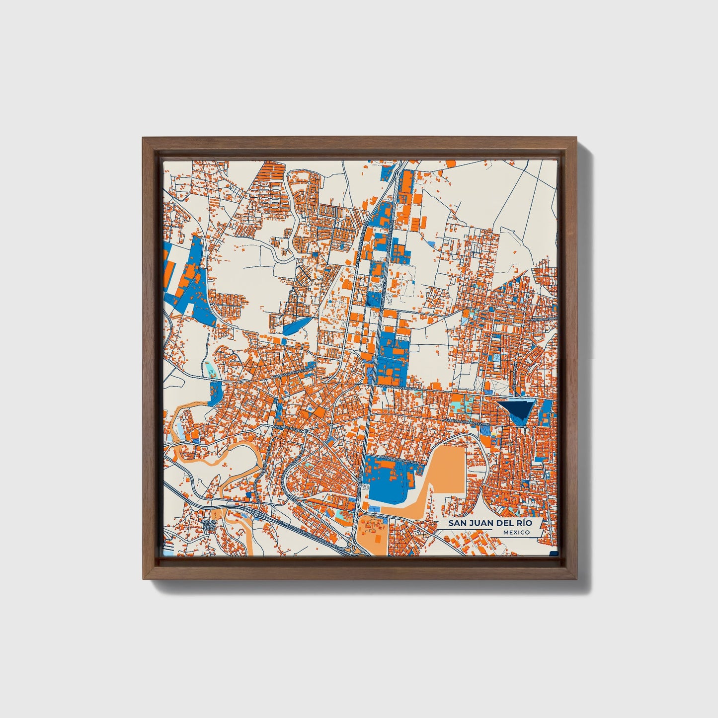 San Juan Del Río Mexico Colorful City Map Canvas Print • Dark Wooden Framed